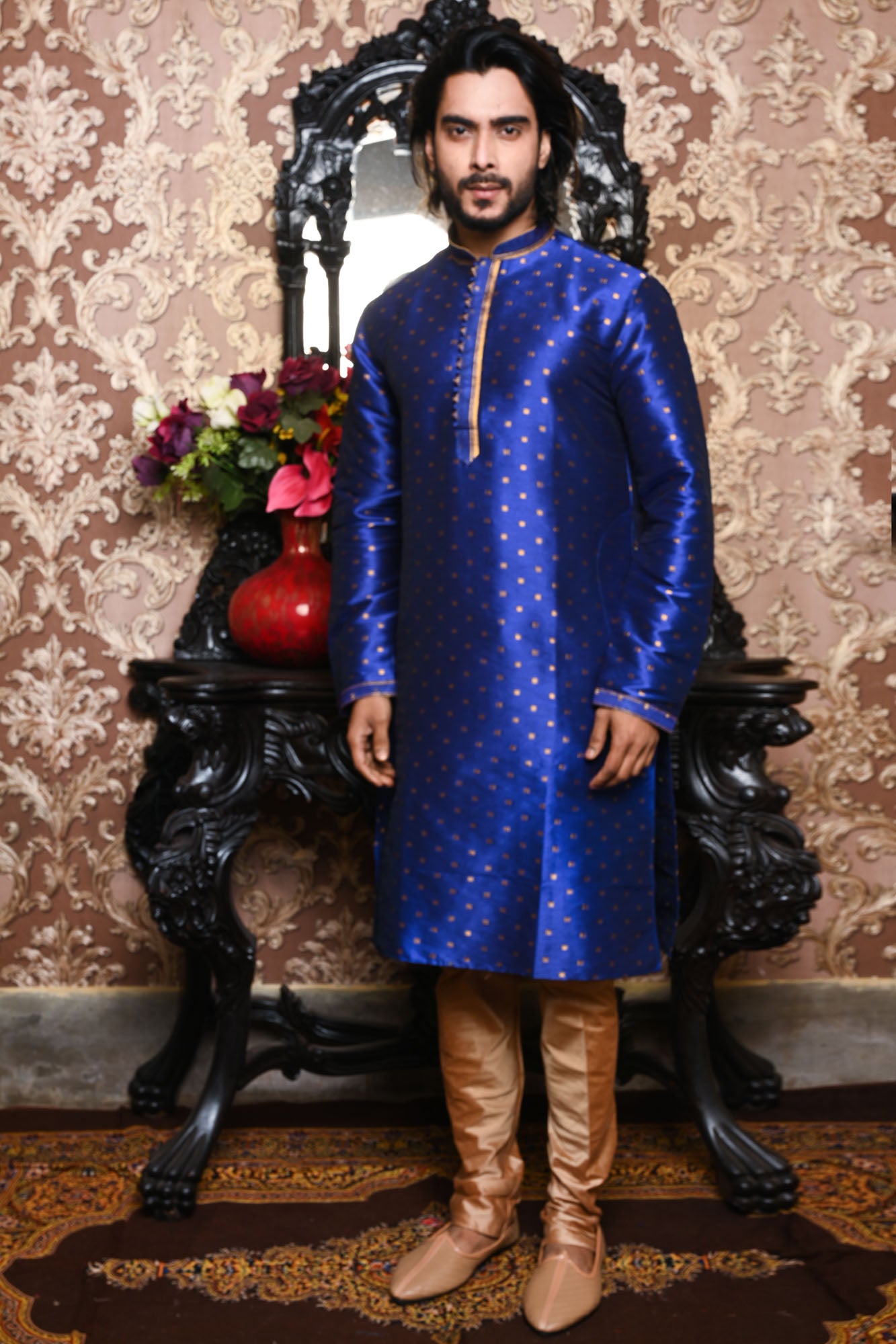 HAMSAFAR Men’s Royal Blue Poly Dupion Festive Wear Kurta