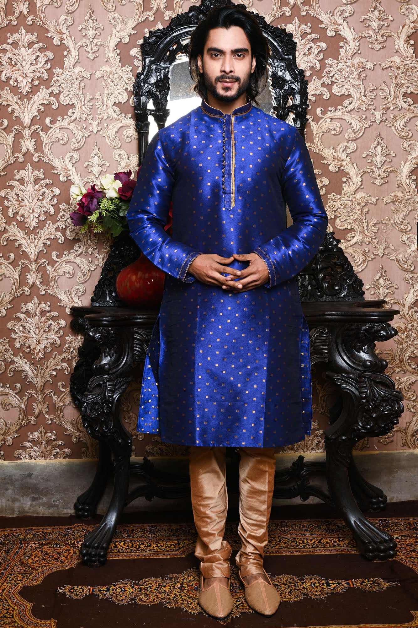 HAMSAFAR Men’s Royal Blue Poly Dupion Festive Wear Kurta