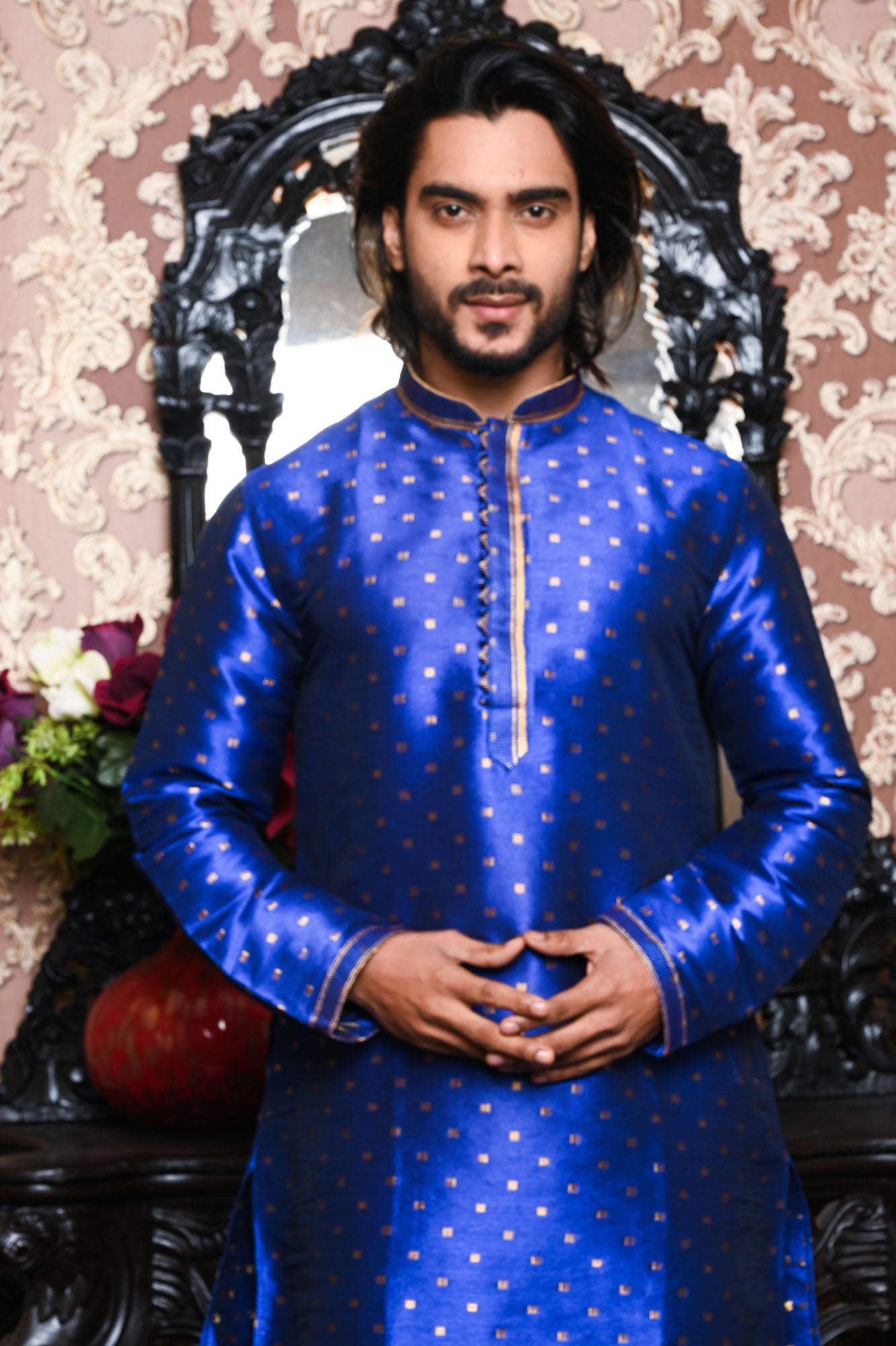 HAMSAFAR Men’s Royal Blue Poly Dupion Festive Wear Kurta