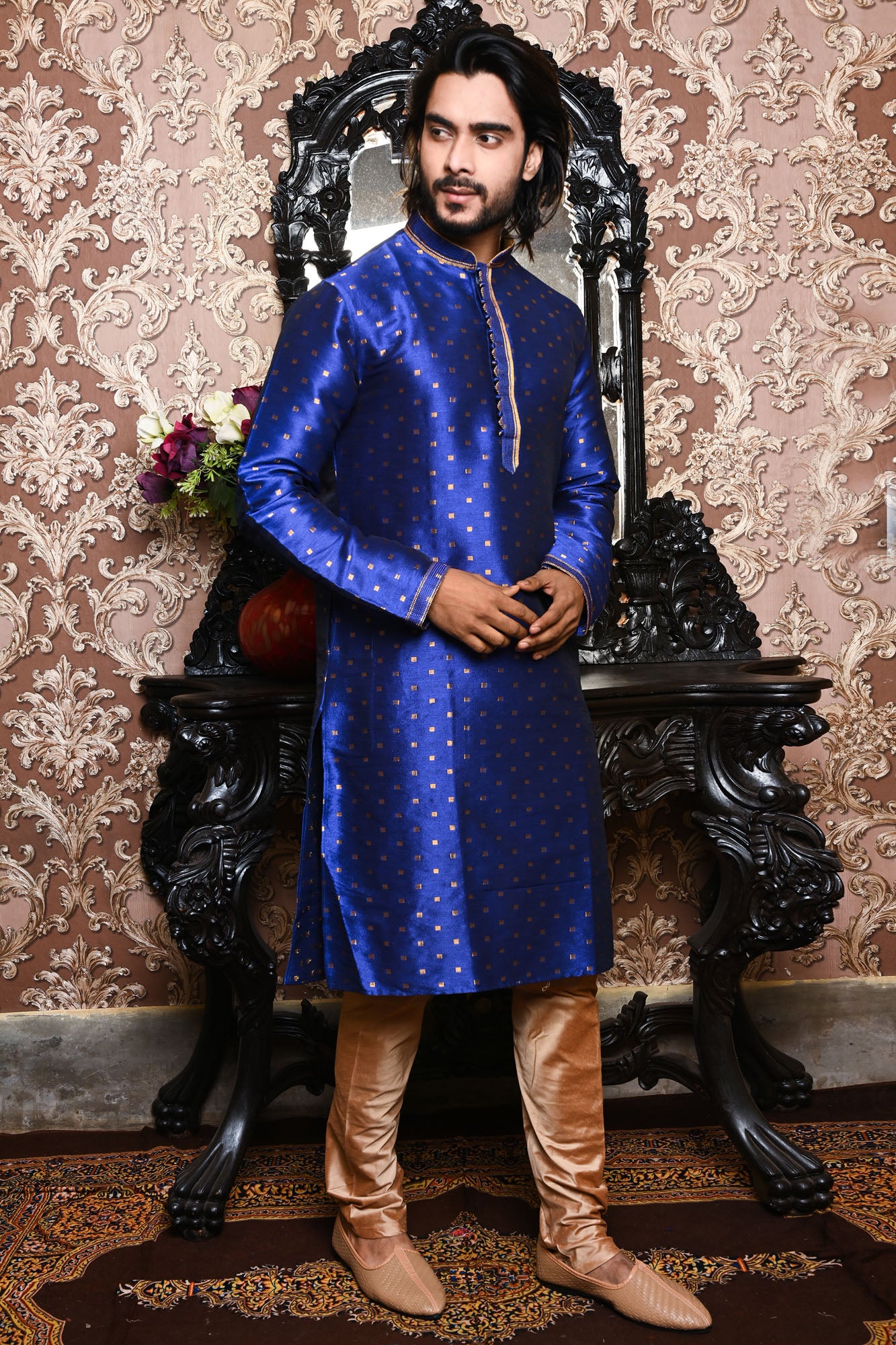 HAMSAFAR Men’s Royal Blue Poly Dupion Festive Wear Kurta