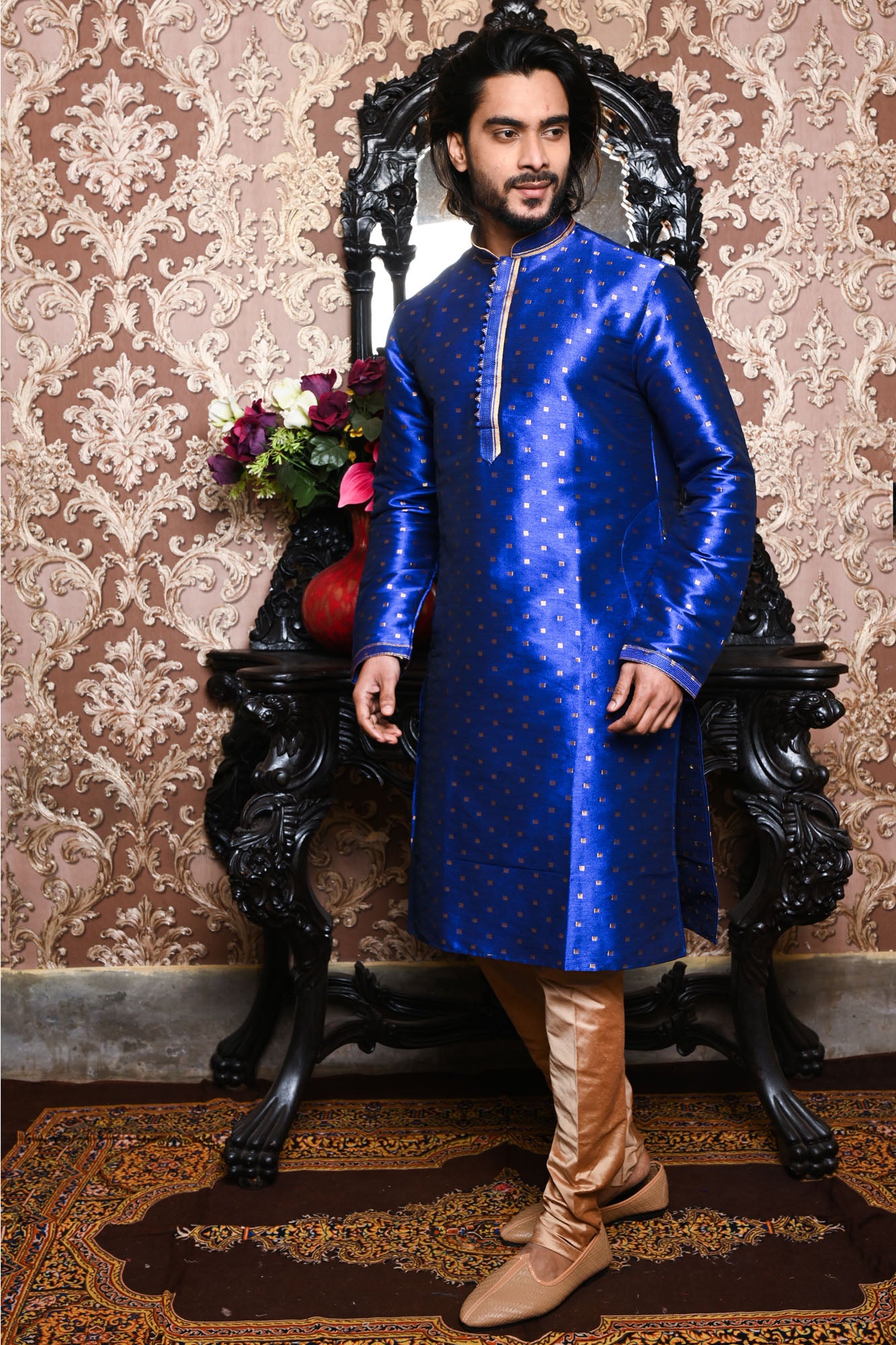 HAMSAFAR Men’s Royal Blue Poly Dupion Festive Wear Kurta