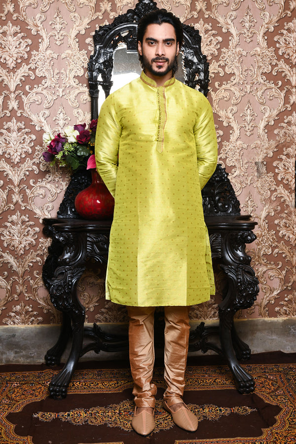 HAMSAFAR Men’s Bright Yellow Green Poly Dupion Designer Kurta