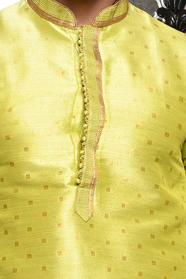 HAMSAFAR Men’s Bright Yellow Green Poly Dupion Designer Kurta