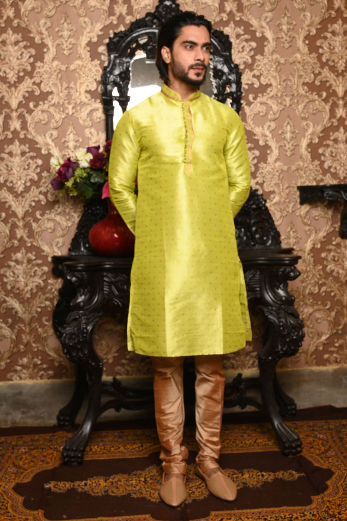 HAMSAFAR Men’s Bright Yellow Green Poly Dupion Designer Kurta