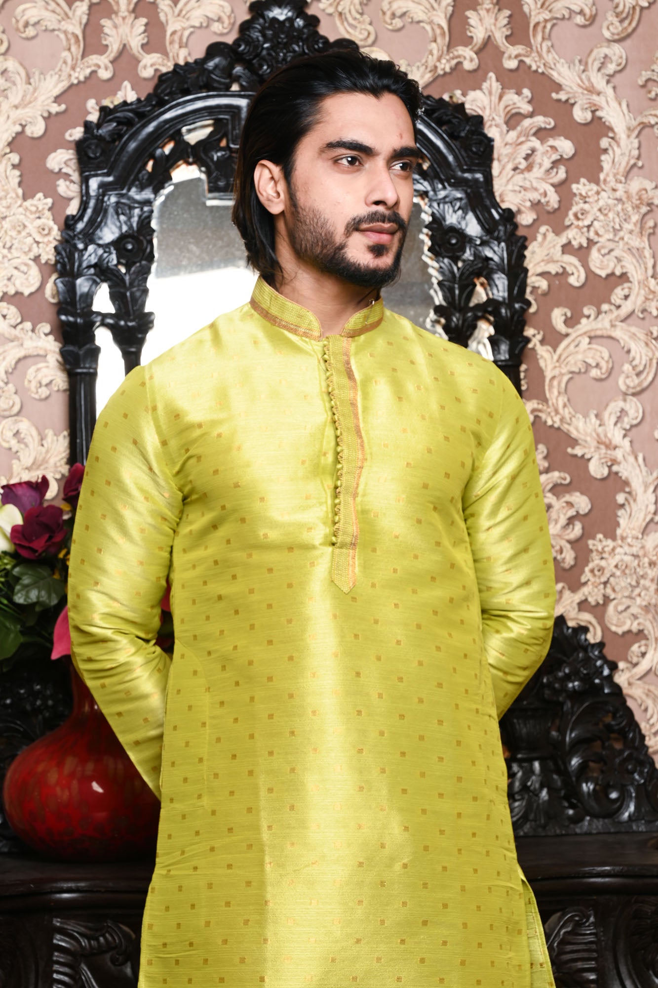 HAMSAFAR Men’s Bright Yellow Green Poly Dupion Designer Kurta