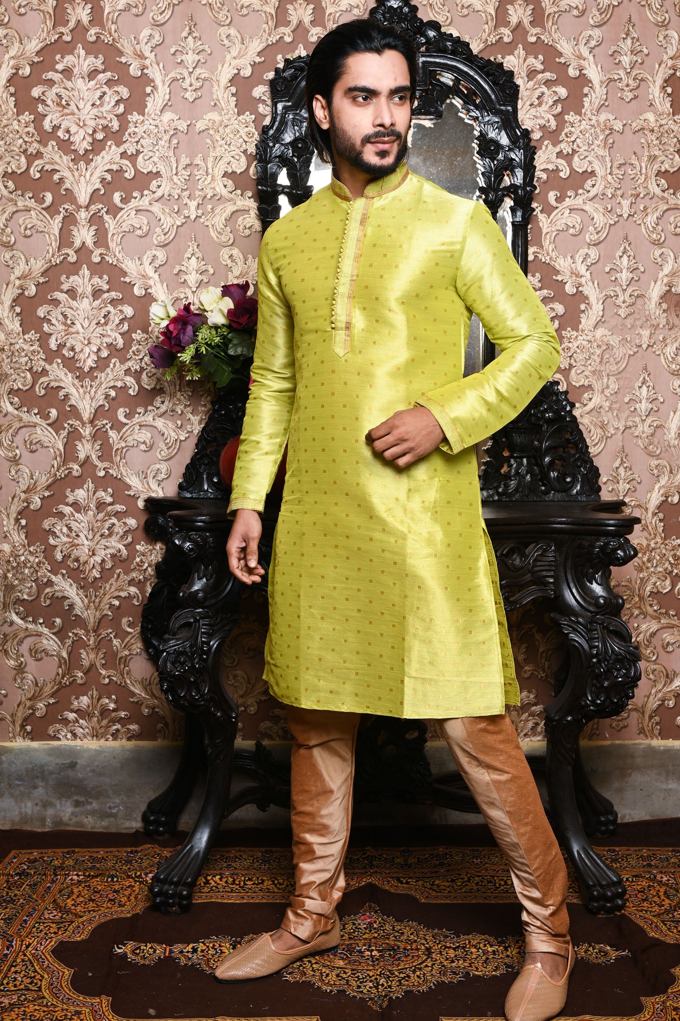 HAMSAFAR Men’s Bright Yellow Green Poly Dupion Designer Kurta