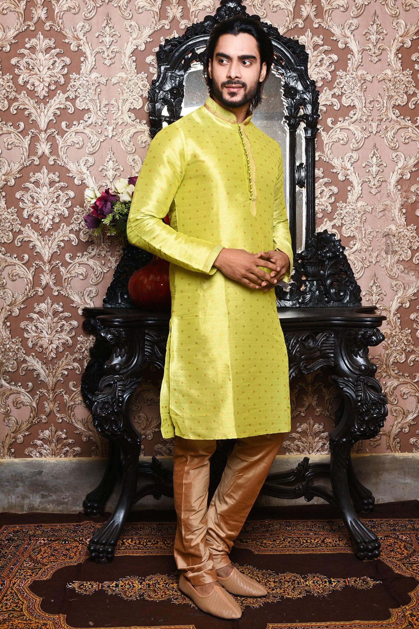 HAMSAFAR Men’s Bright Yellow Green Poly Dupion Designer Kurta