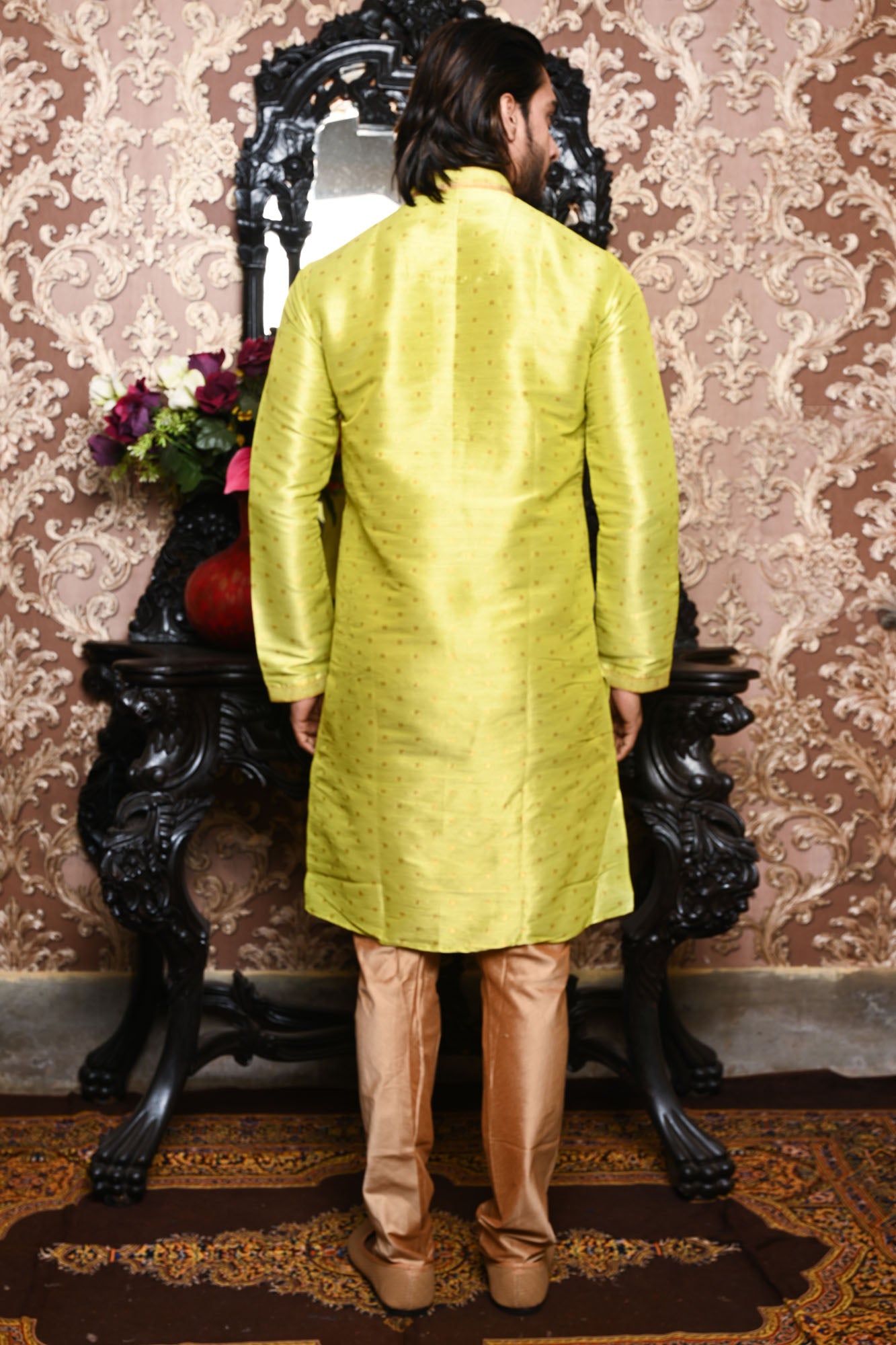 HAMSAFAR Men’s Bright Yellow Green Poly Dupion Designer Kurta
