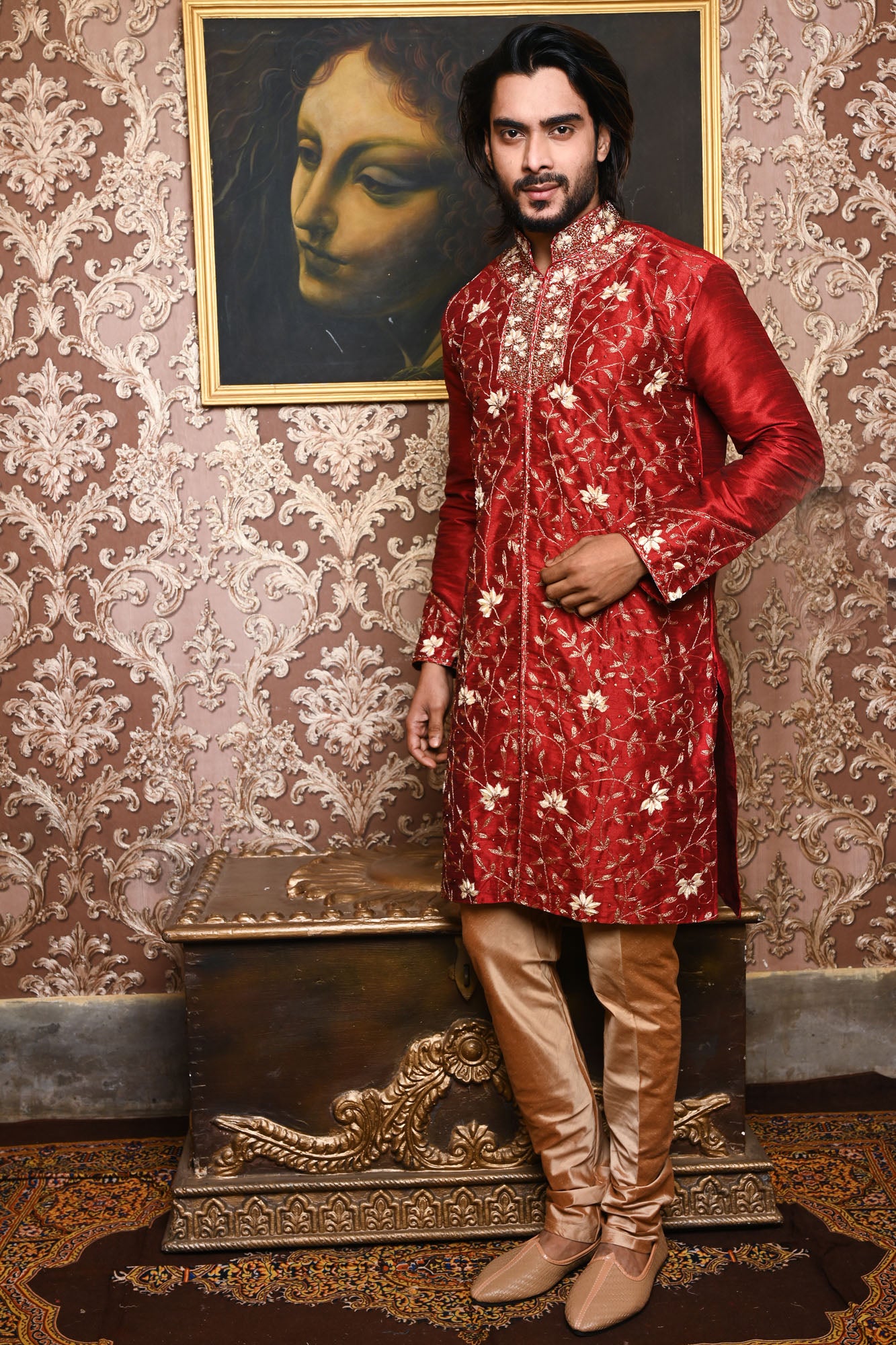 HAMSAFAR Men’s Maroon Red Dupion Premium Kurta