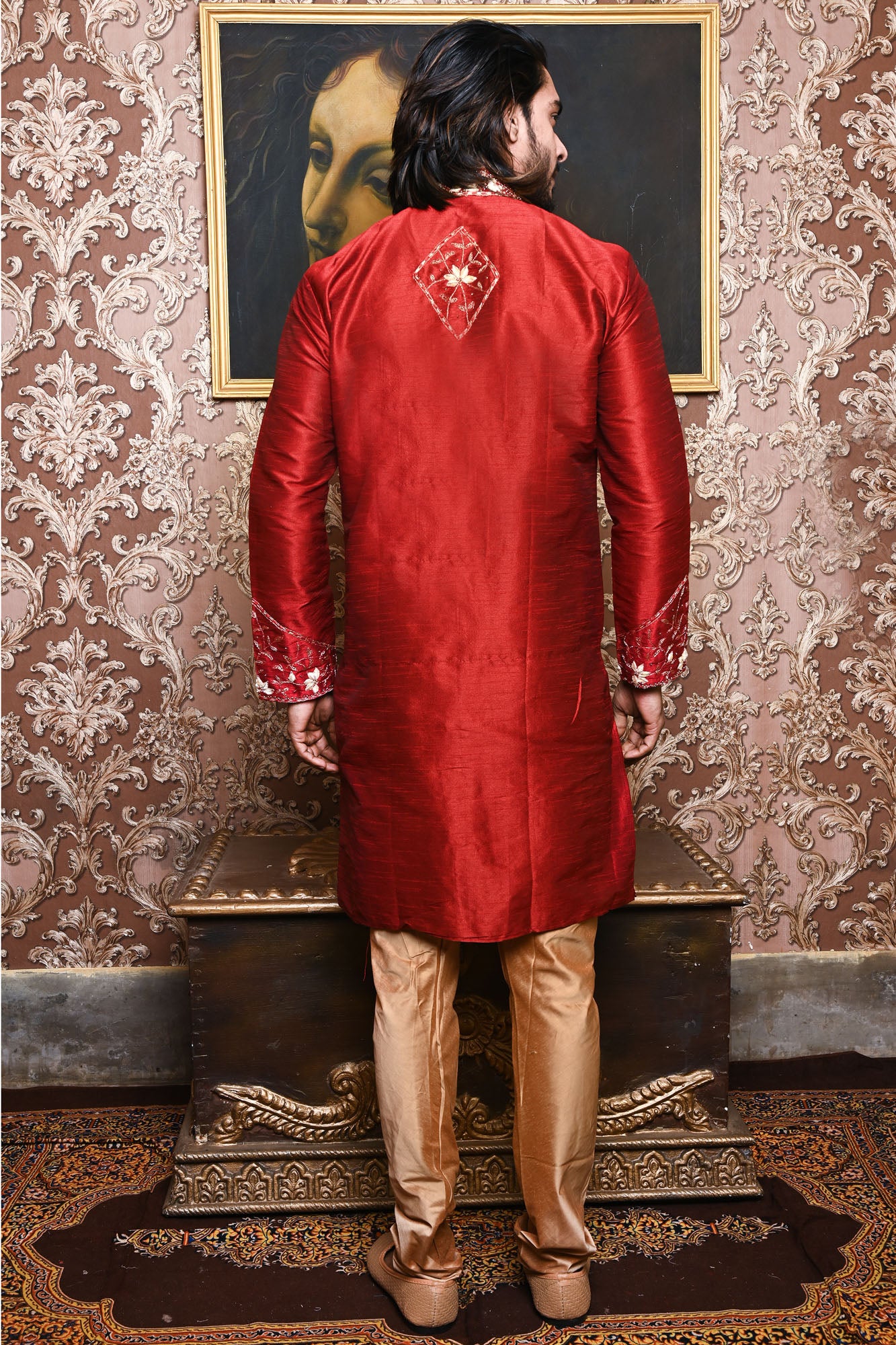 HAMSAFAR Men’s Maroon Red Dupion Premium Kurta