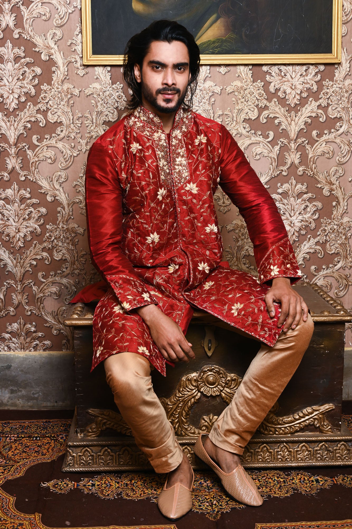HAMSAFAR Men’s Maroon Red Dupion Premium Kurta