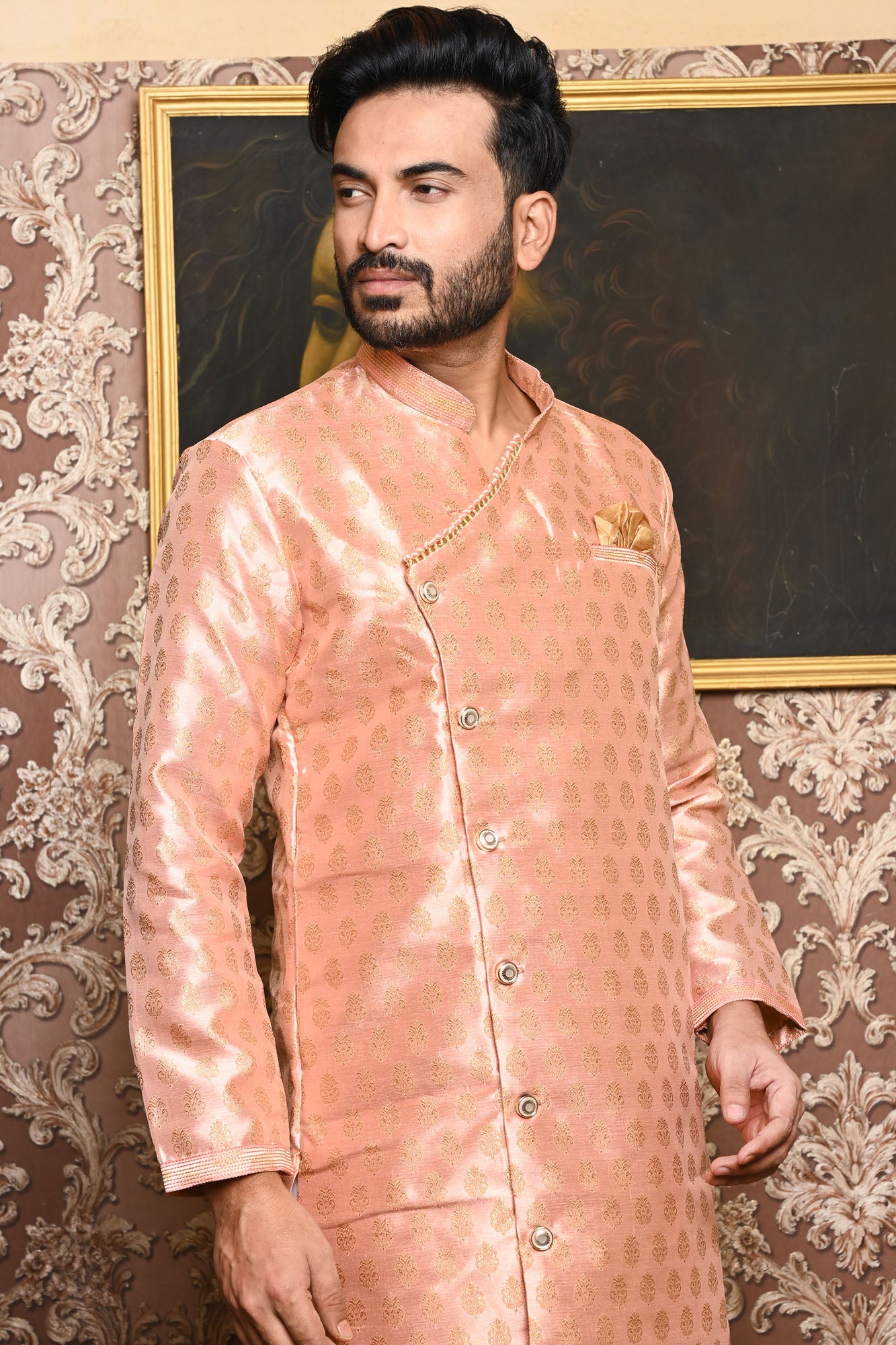 HAMSAFAR Men’s Baby Pink Designer Wear Sherwani Kurta