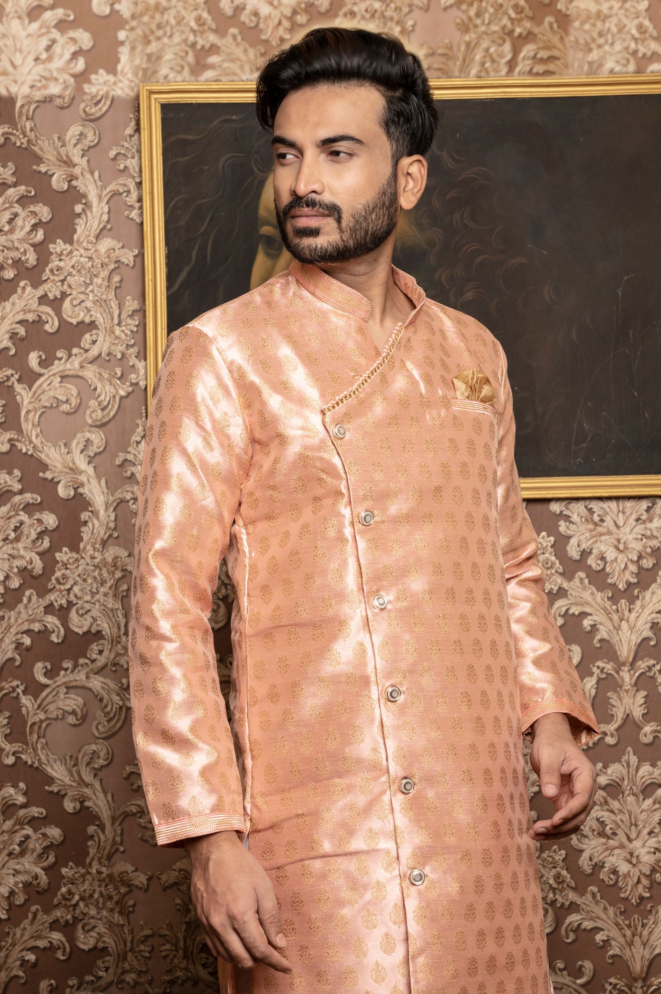 HAMSAFAR Men’s Baby Pink Designer Wear Sherwani Kurta