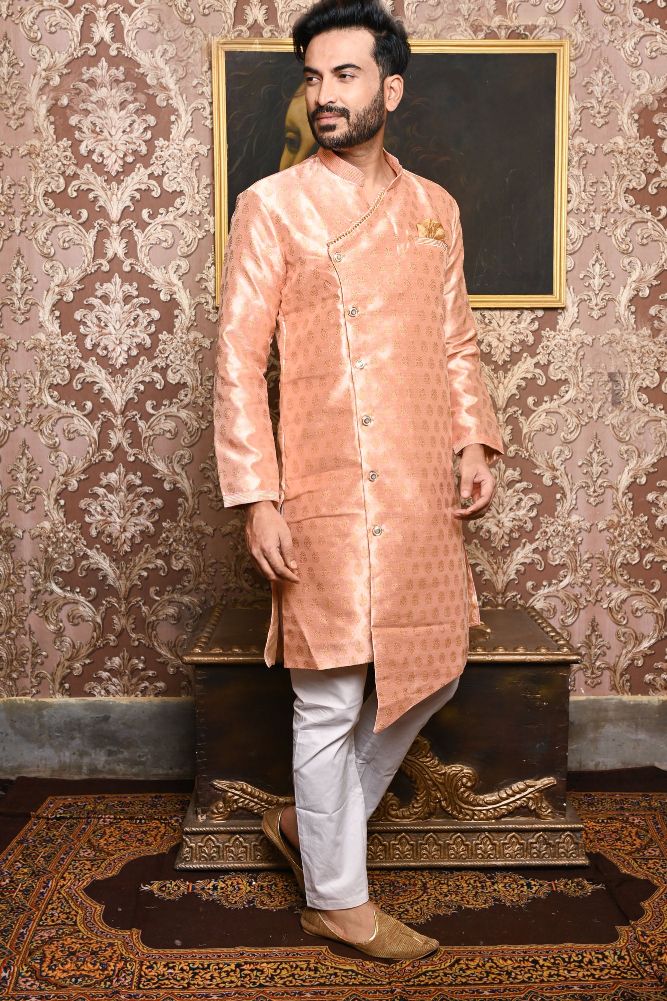 HAMSAFAR Men’s Baby Pink Designer Wear Sherwani Kurta