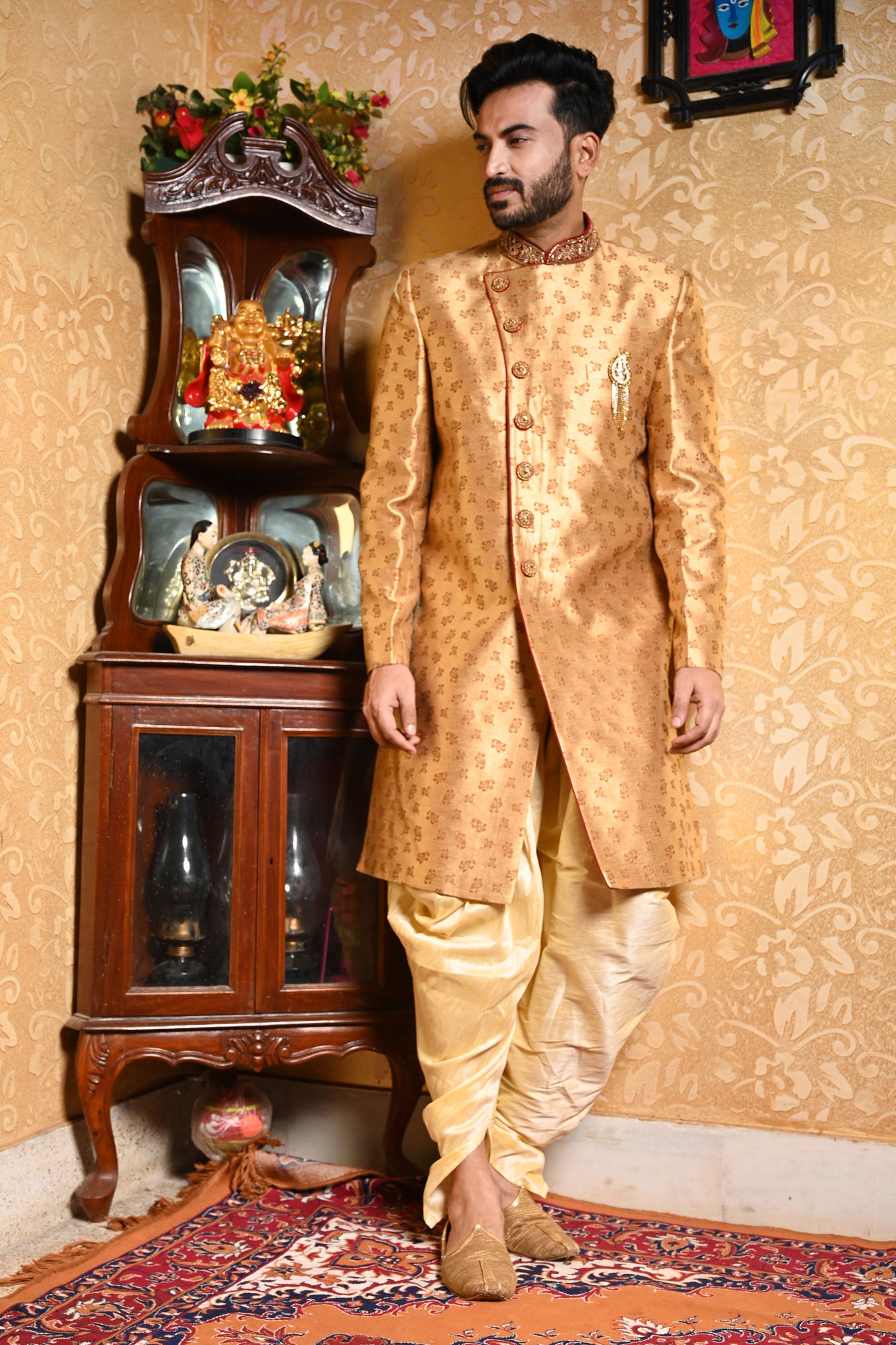 HAMSAFAR Men’s Golden Brown Poly Viscose Jacquard Sherwani