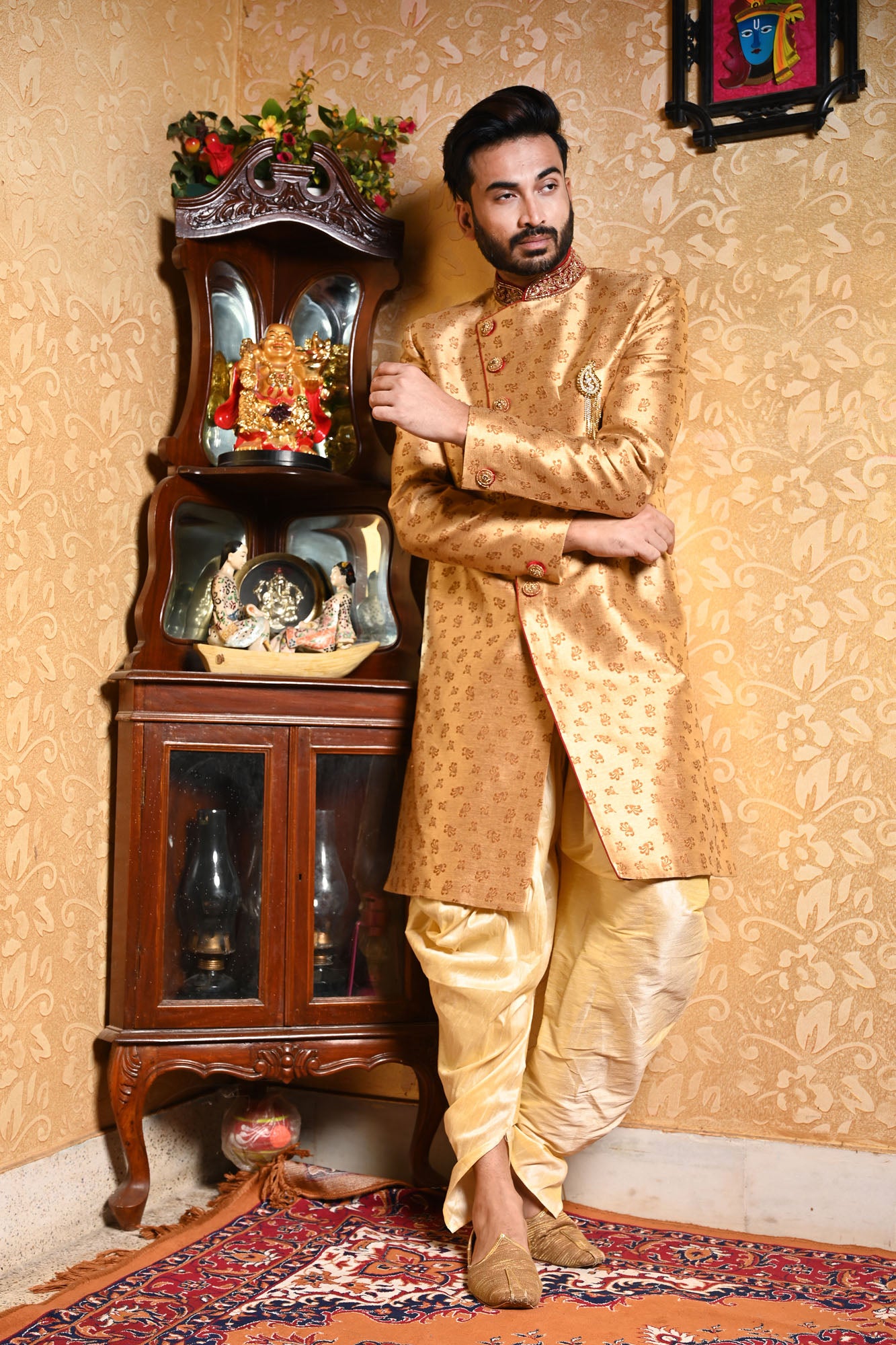 HAMSAFAR Men’s Golden Brown Poly Viscose Jacquard Sherwani