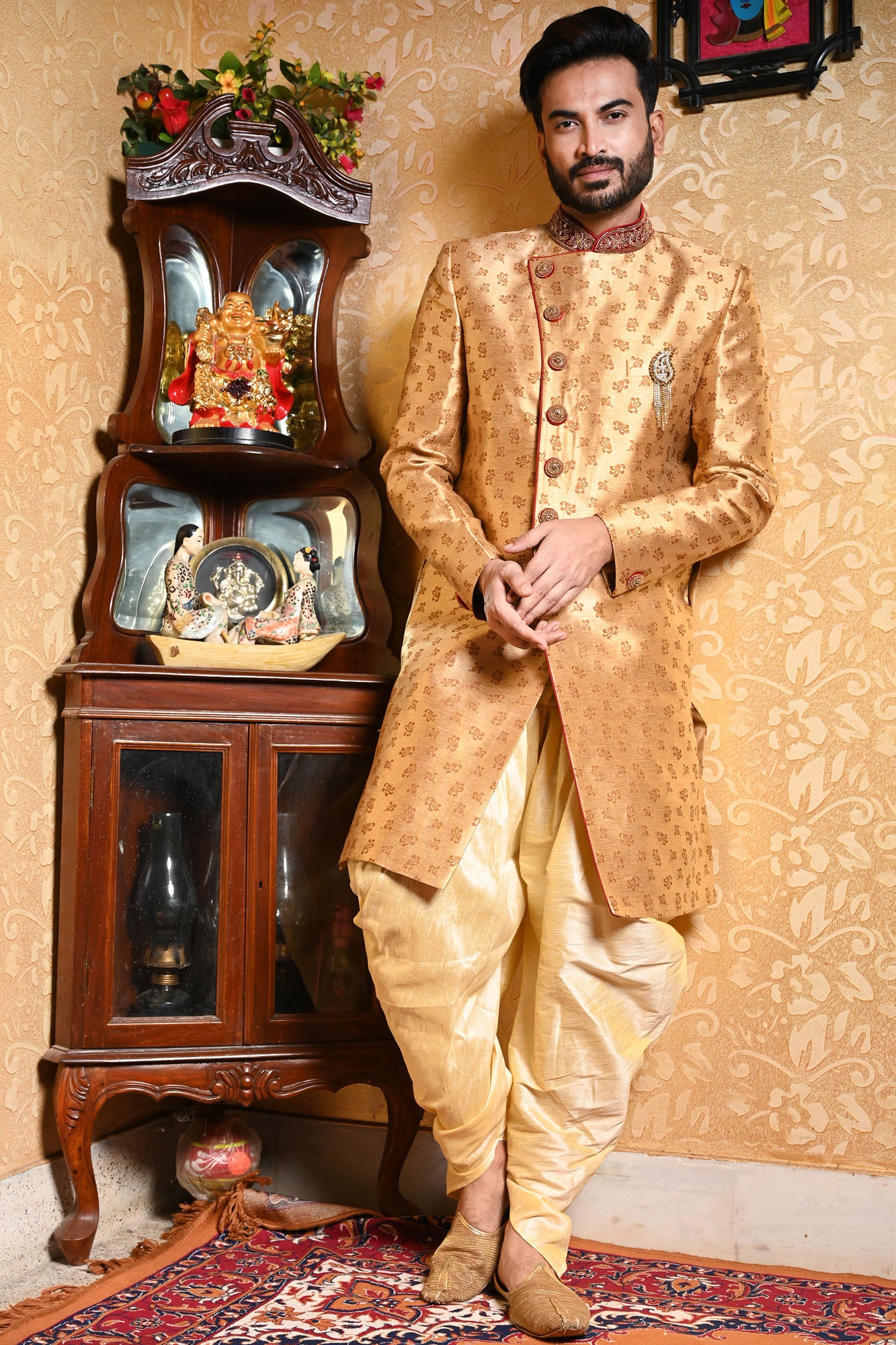 HAMSAFAR Men’s Golden Brown Poly Viscose Jacquard Sherwani