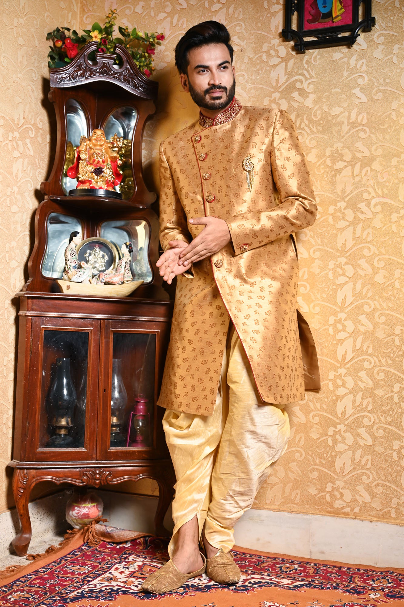 HAMSAFAR Men’s Golden Brown Poly Viscose Jacquard Sherwani