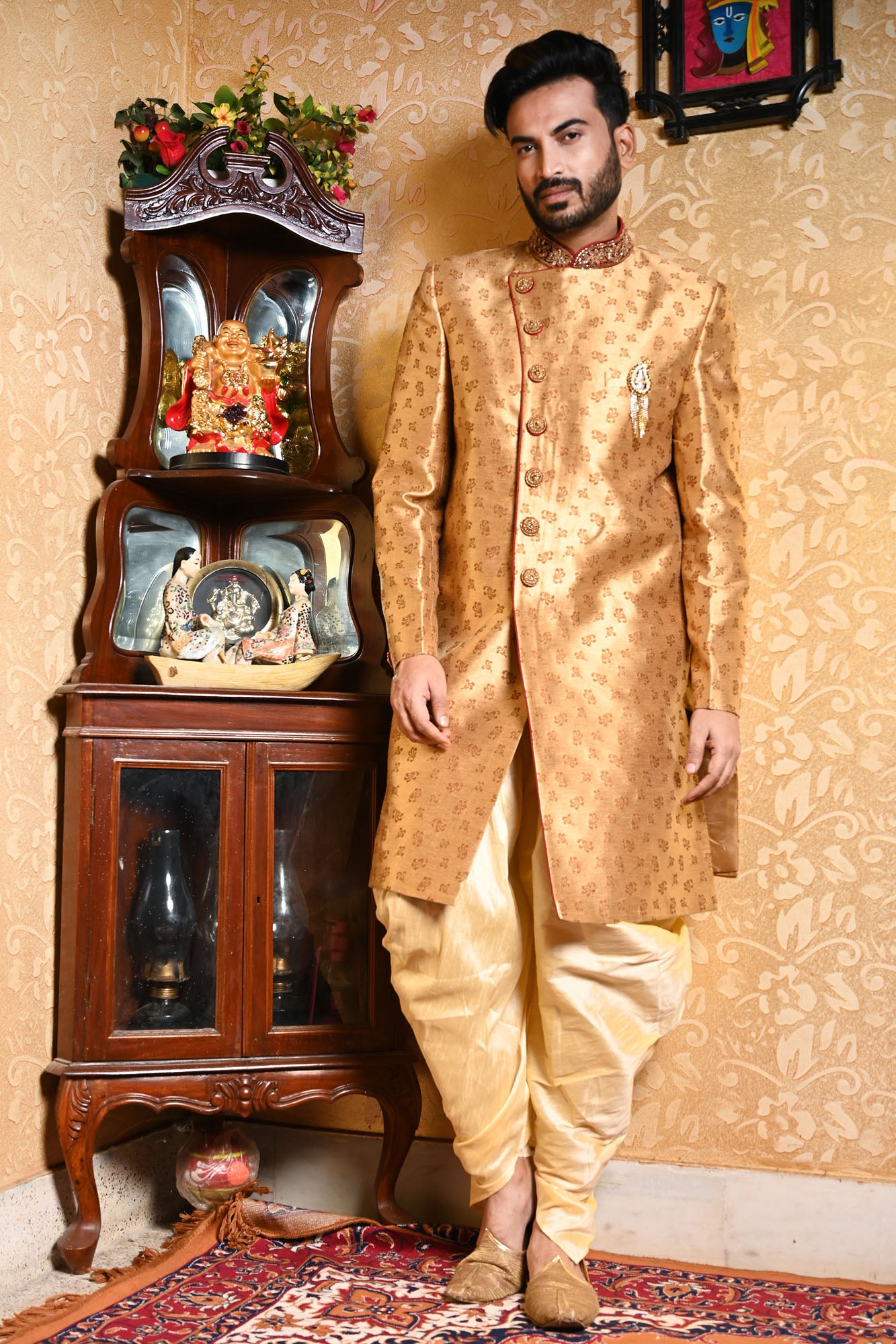 HAMSAFAR Men’s Golden Brown Poly Viscose Jacquard Sherwani