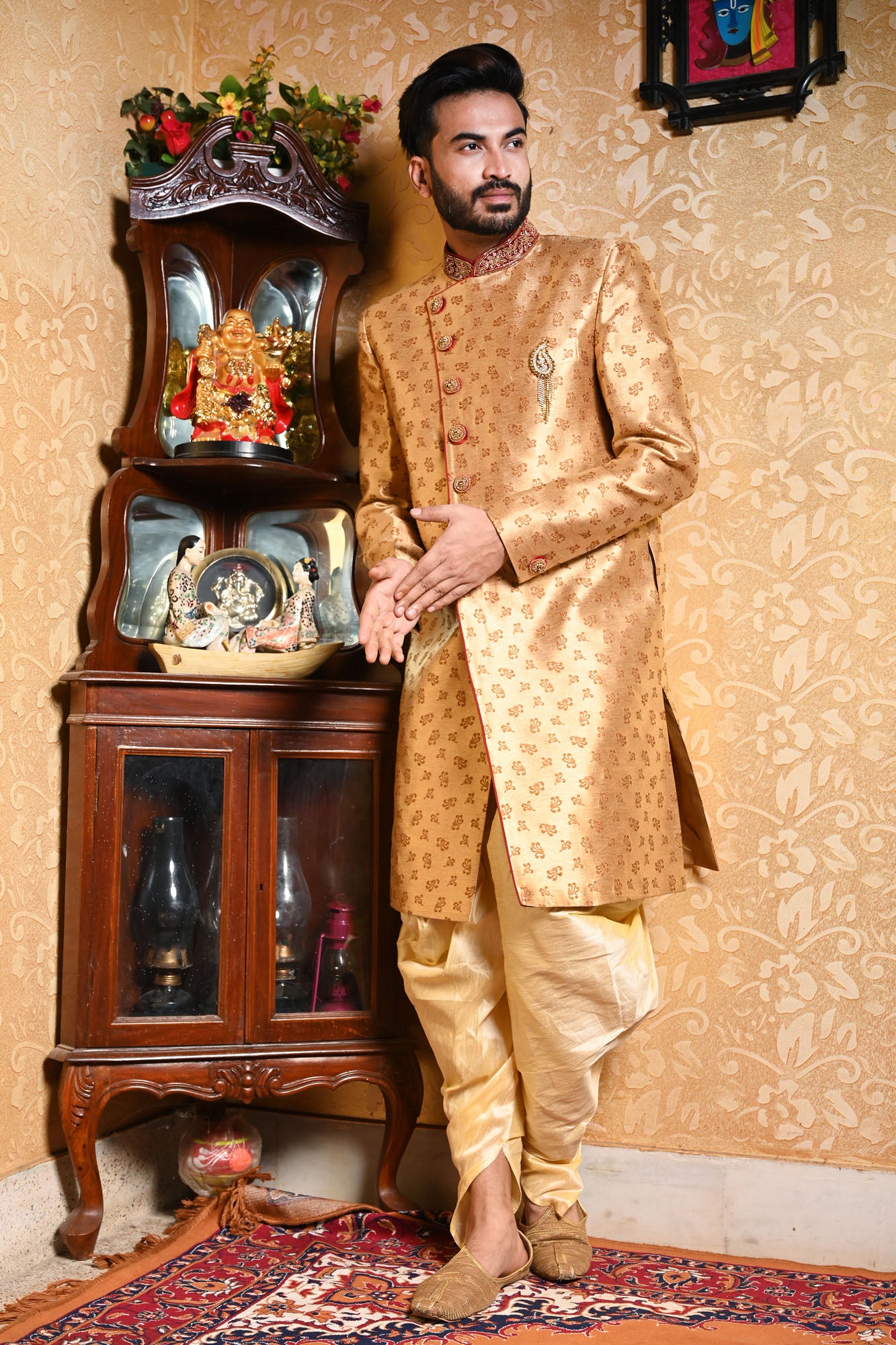 HAMSAFAR Men’s Golden Brown Poly Viscose Jacquard Sherwani