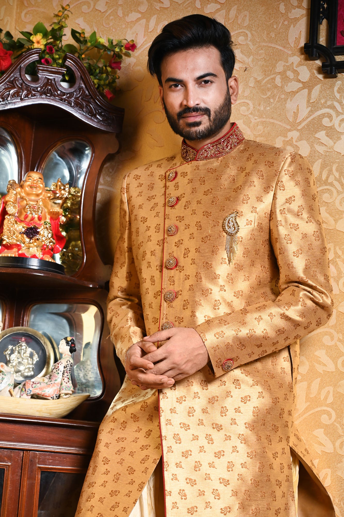 HAMSAFAR Men’s Golden Brown Poly Viscose Jacquard Sherwani