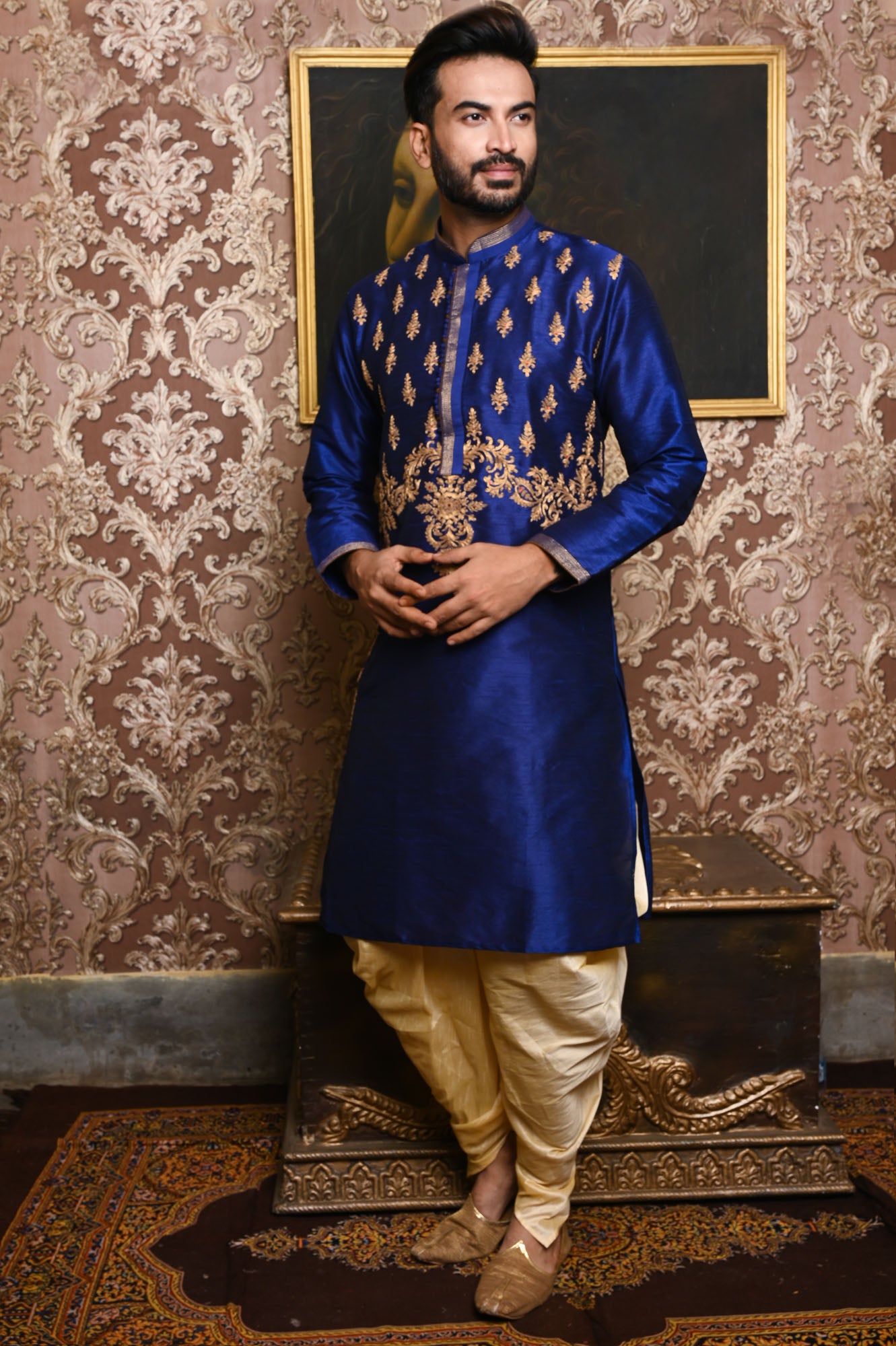 HAMSAFAR Men’s Navy Blue Poly Dupion Festive Wear Kurta
