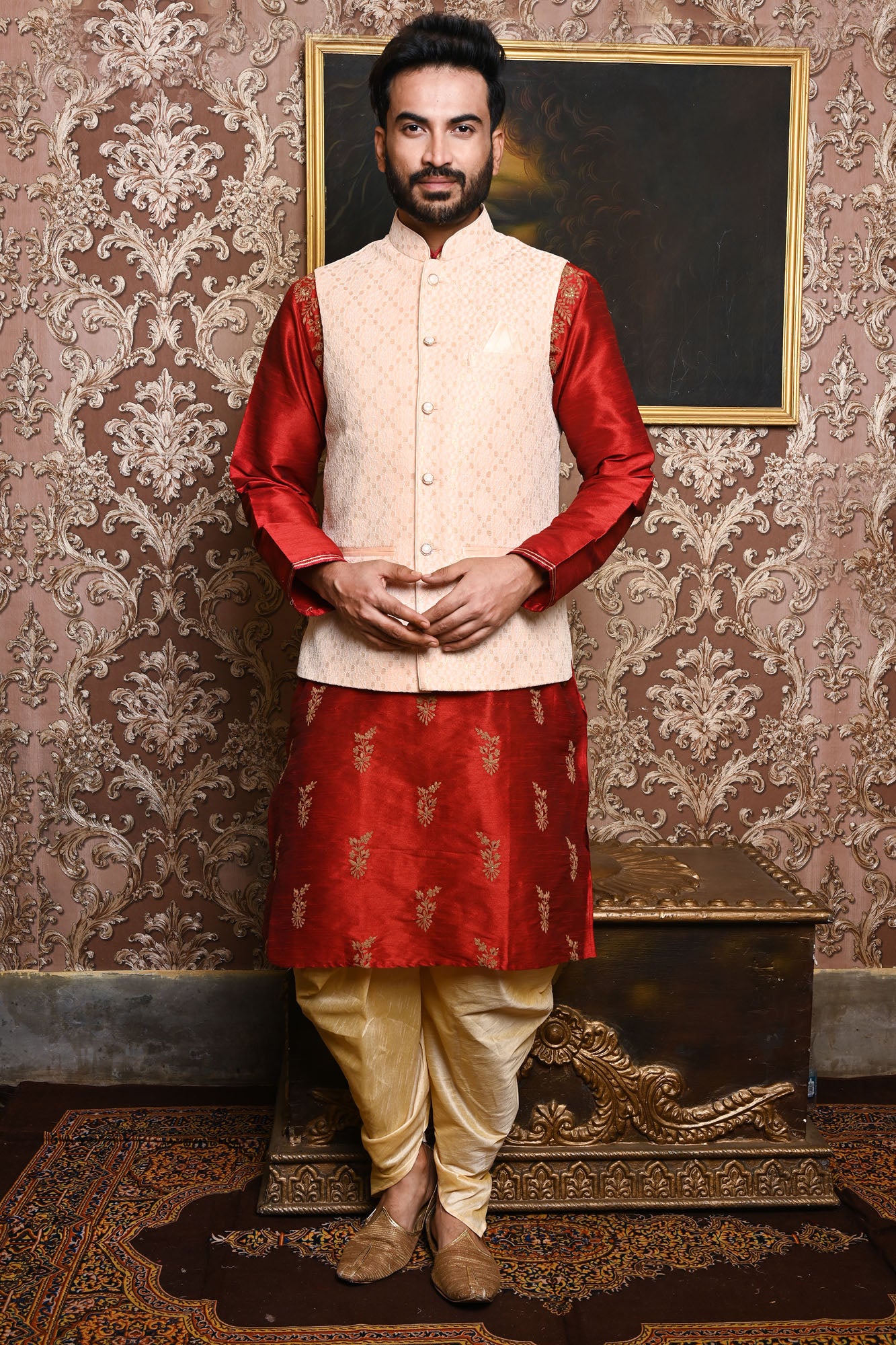 HAMSAFAR Men’s Peach Poly Viscose Premium Nehru Jacket