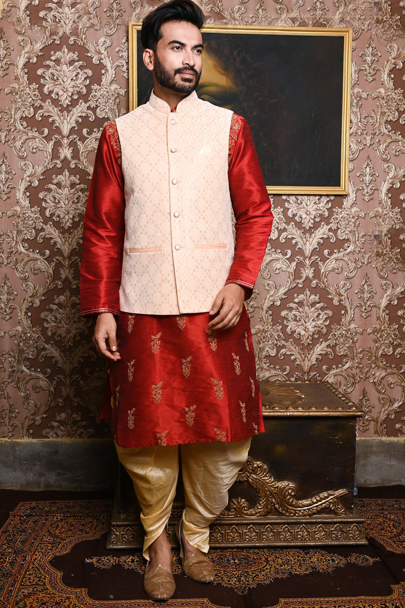 HAMSAFAR Men’s Peach Poly Viscose Premium Nehru Jacket