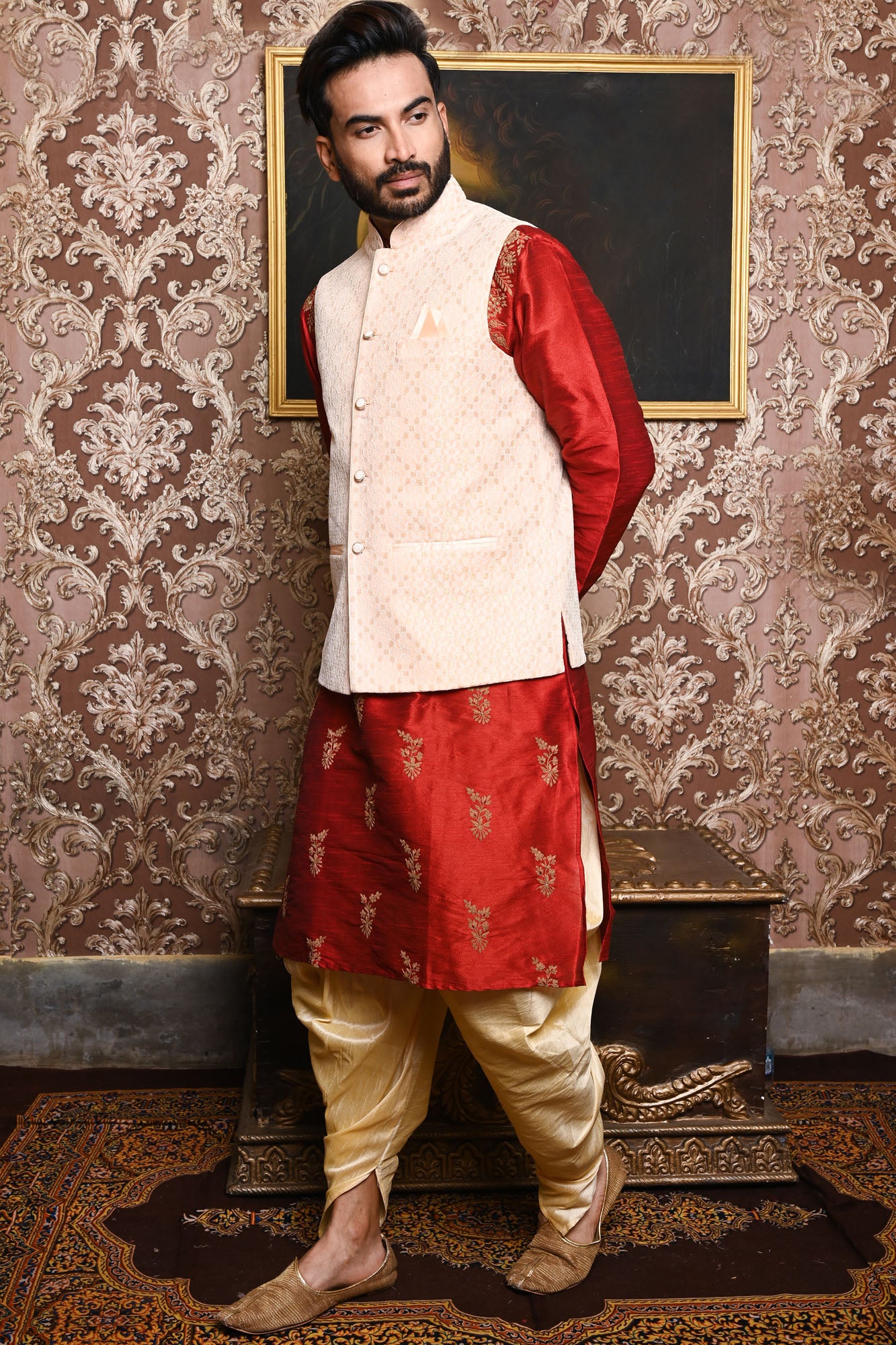 HAMSAFAR Men’s Peach Poly Viscose Premium Nehru Jacket