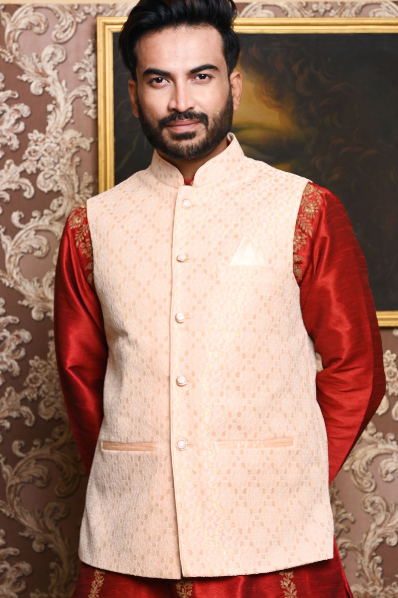 HAMSAFAR Men’s Peach Poly Viscose Premium Nehru Jacket