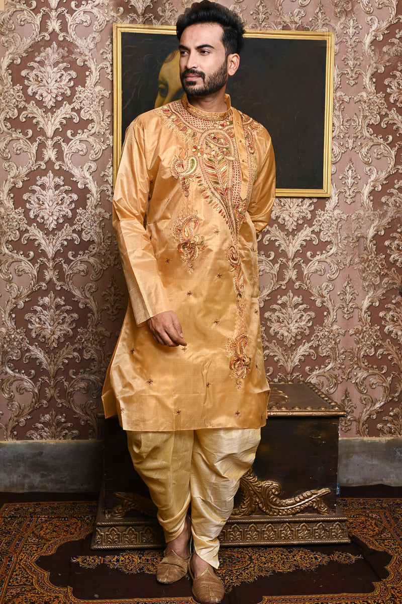 HAMSAFAR Men’s Golden Brown Poly Dupion Festive Wear Kurta