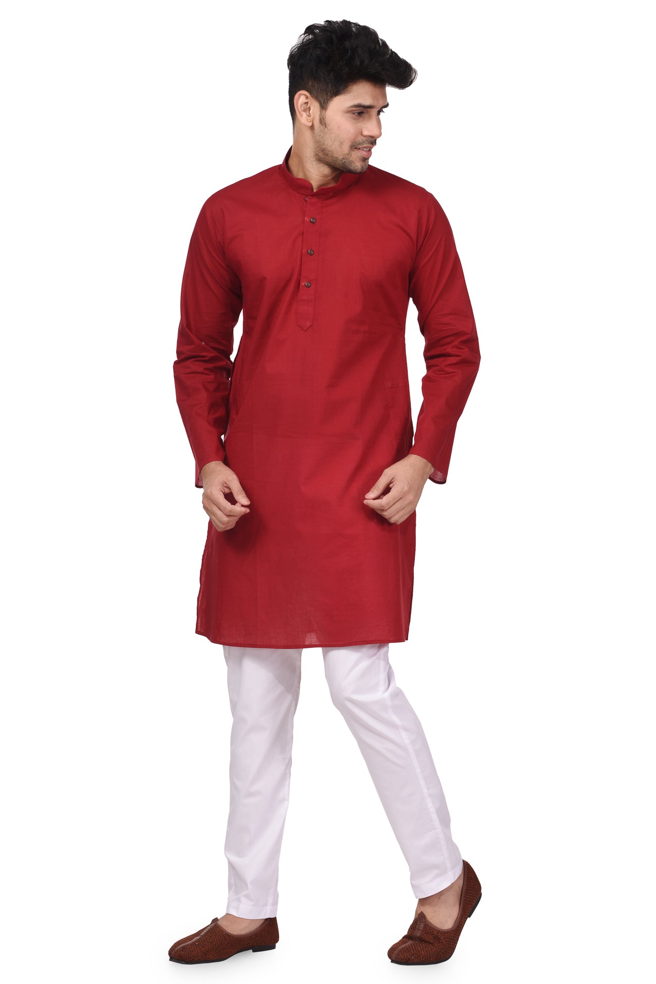 HAMSAFAR Men’s Cherry Red Cotton Casual Kurta