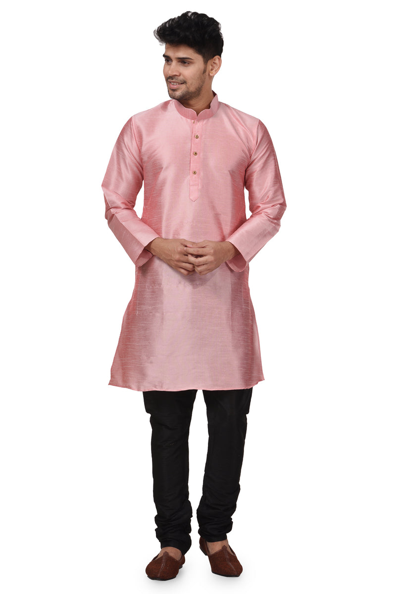 HAMSAFAR Men’s Light Pink Dupion Silk Casual Kurta