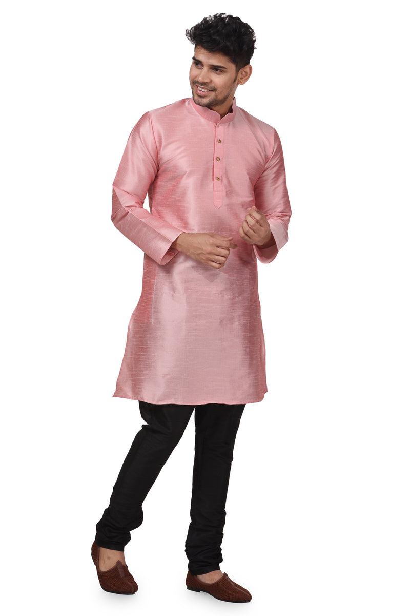 HAMSAFAR Men’s Light Pink Dupion Silk Casual Kurta