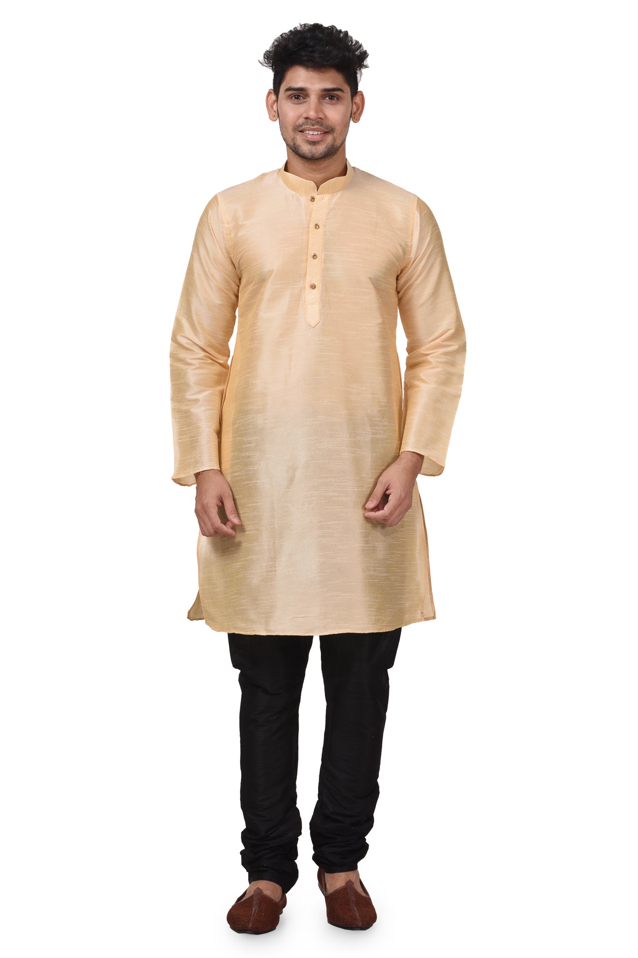 HAMSAFAR Men’s Peach Dupion Silk Casual Kurta