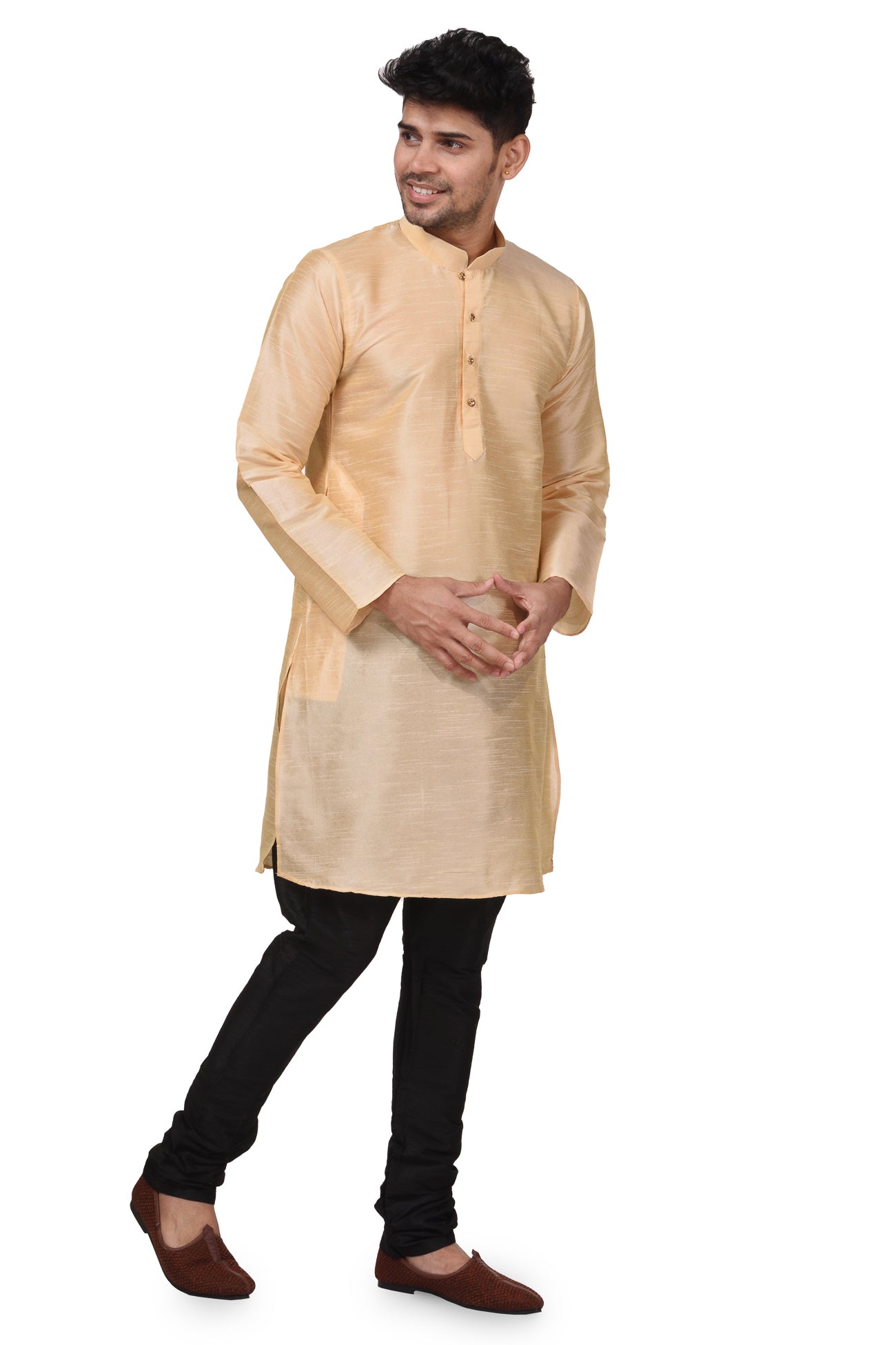 HAMSAFAR Men’s Peach Dupion Silk Casual Kurta