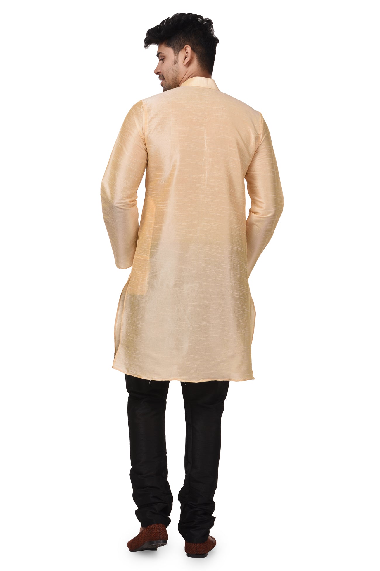 HAMSAFAR Men’s Peach Dupion Silk Casual Kurta