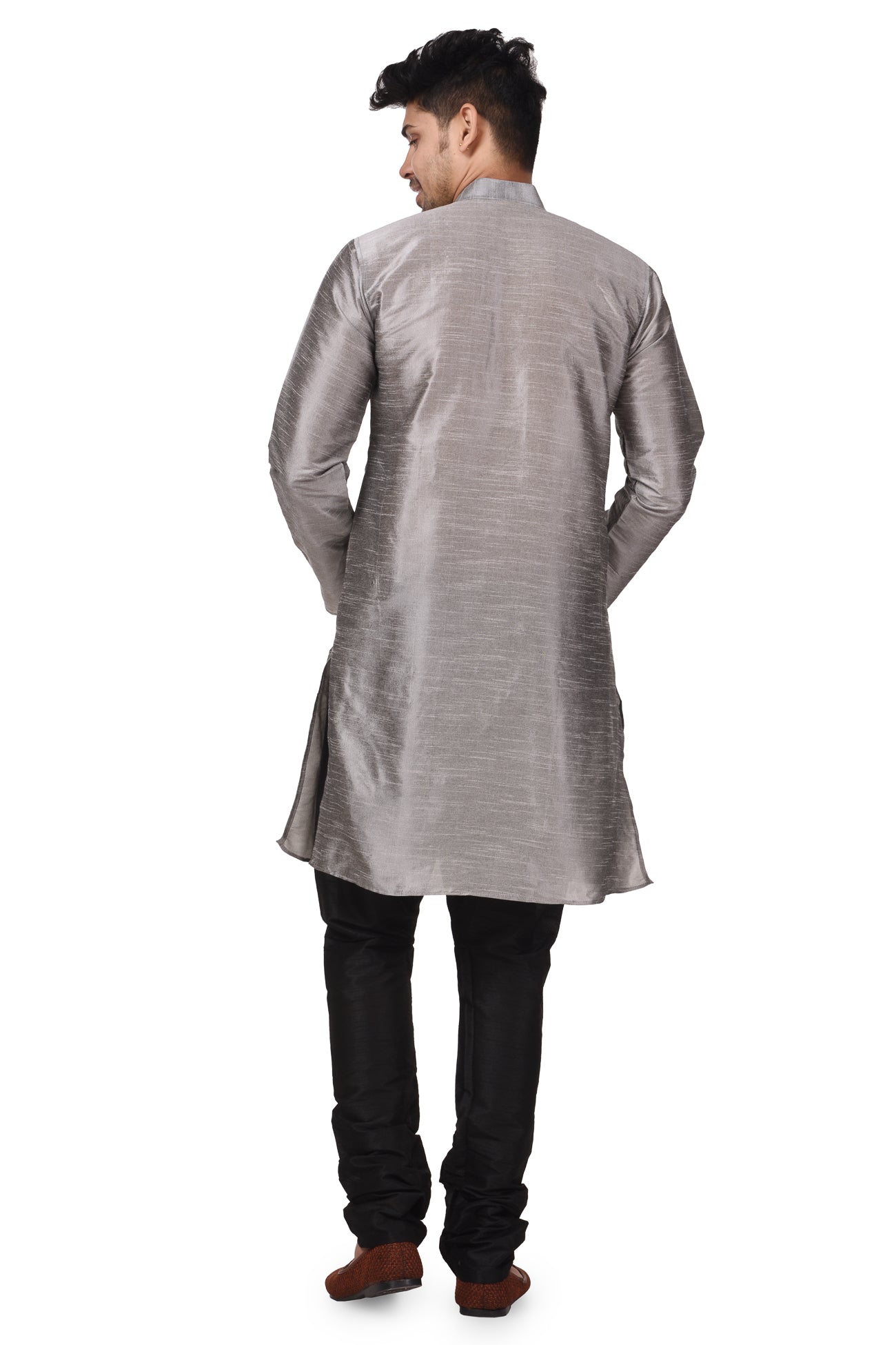 HAMSAFAR Men’s Grey Dupion Silk Casual Kurta