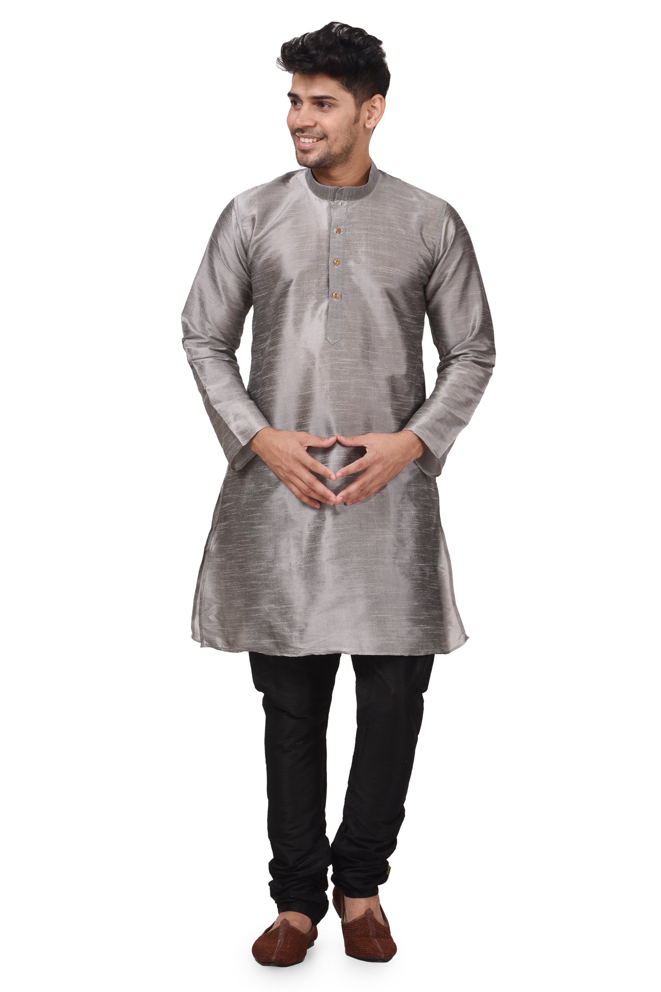 HAMSAFAR Men’s Grey Dupion Silk Casual Kurta