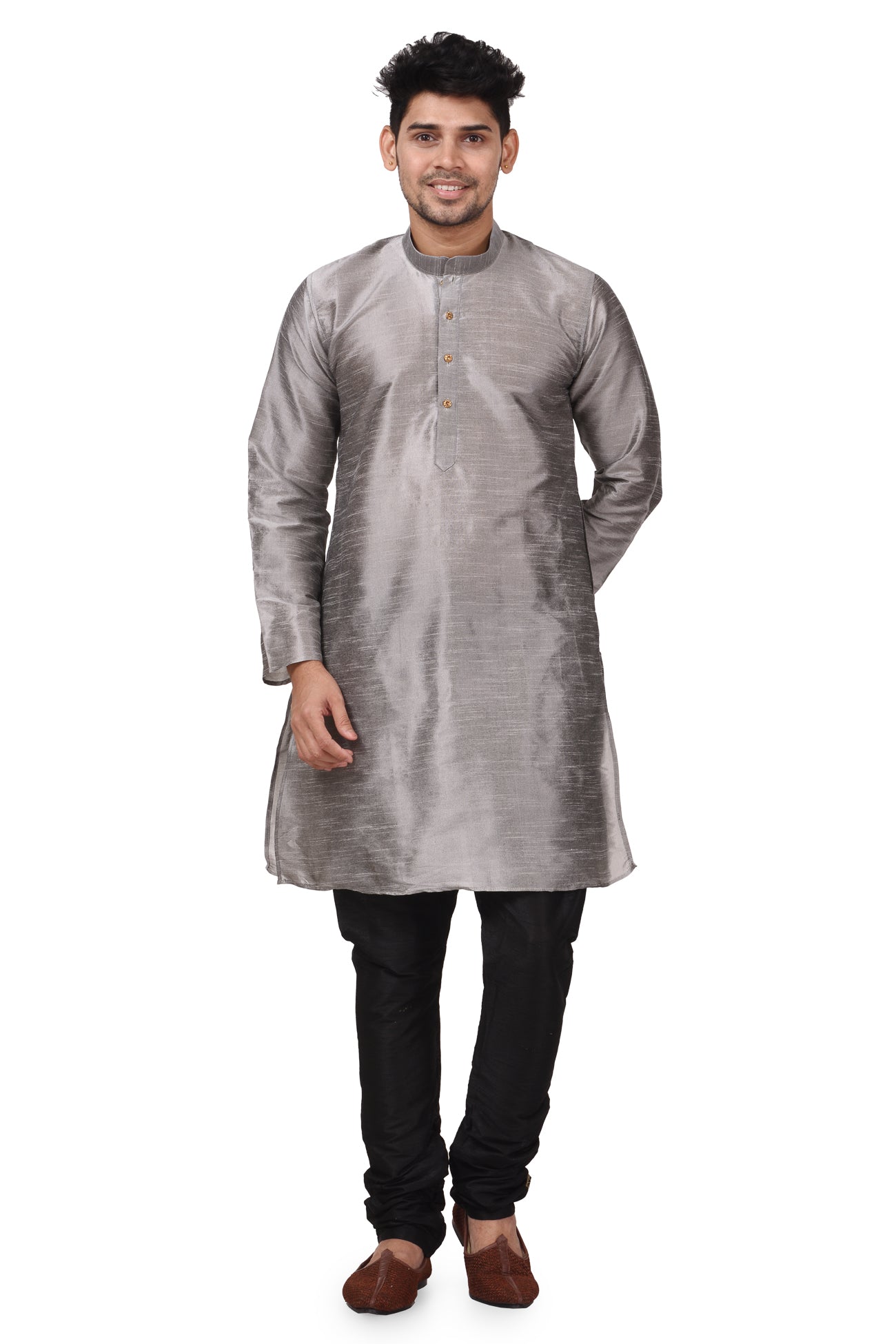 HAMSAFAR Men’s Grey Dupion Silk Casual Kurta