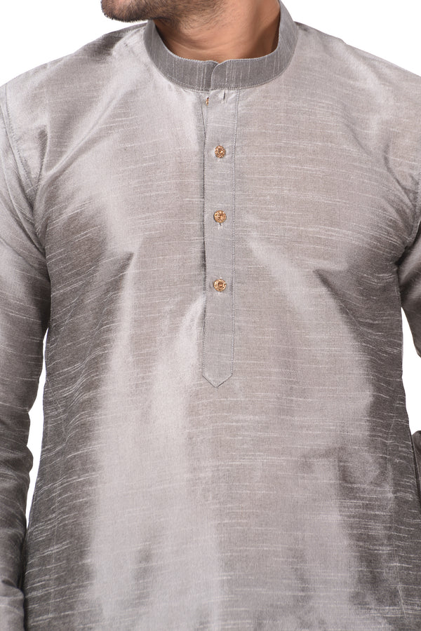 HAMSAFAR Men’s Grey Dupion Silk Casual Kurta