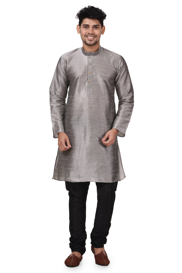 HAMSAFAR Men’s Grey Dupion Silk Casual Kurta