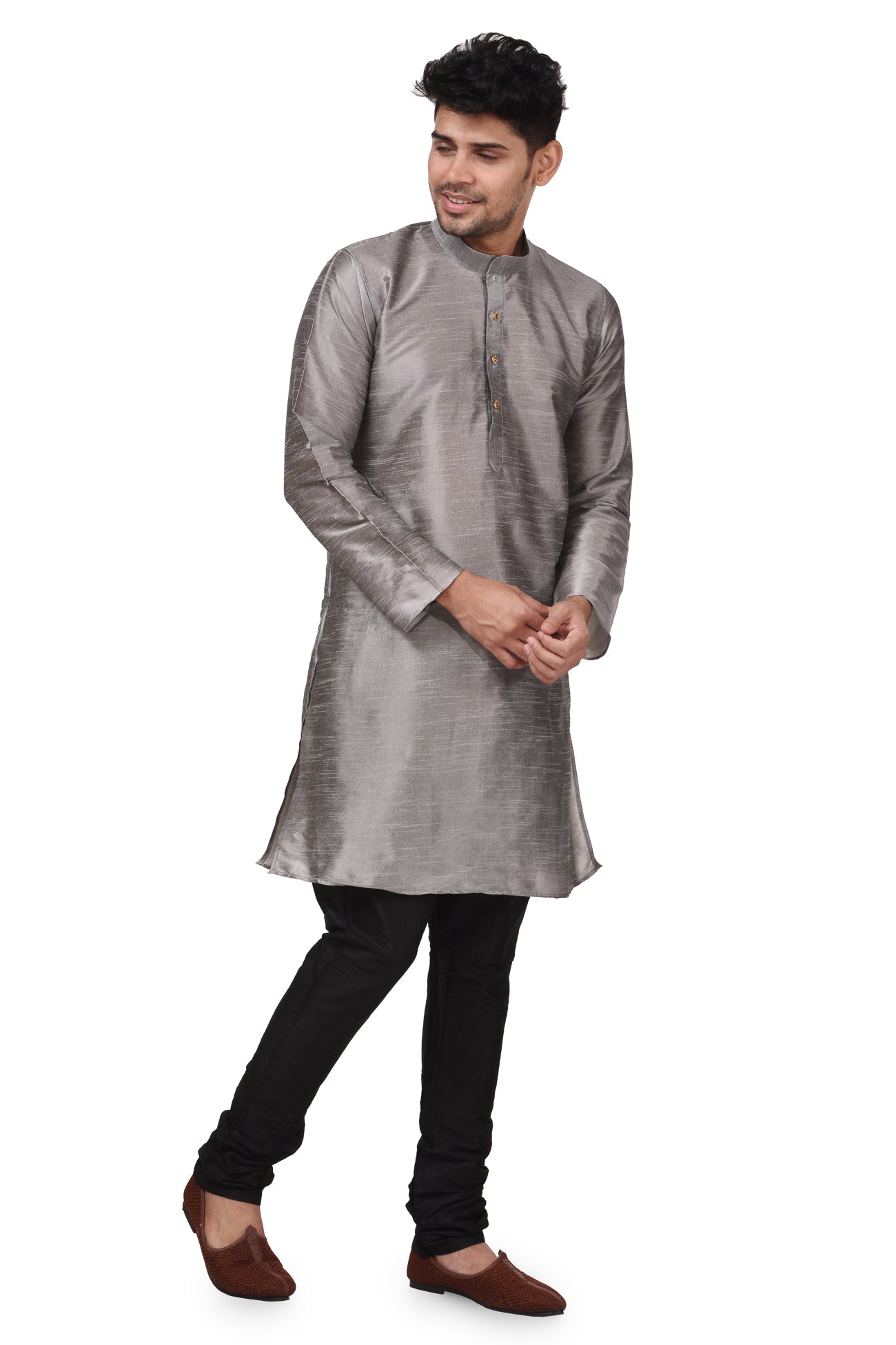 HAMSAFAR Men’s Grey Dupion Silk Casual Kurta