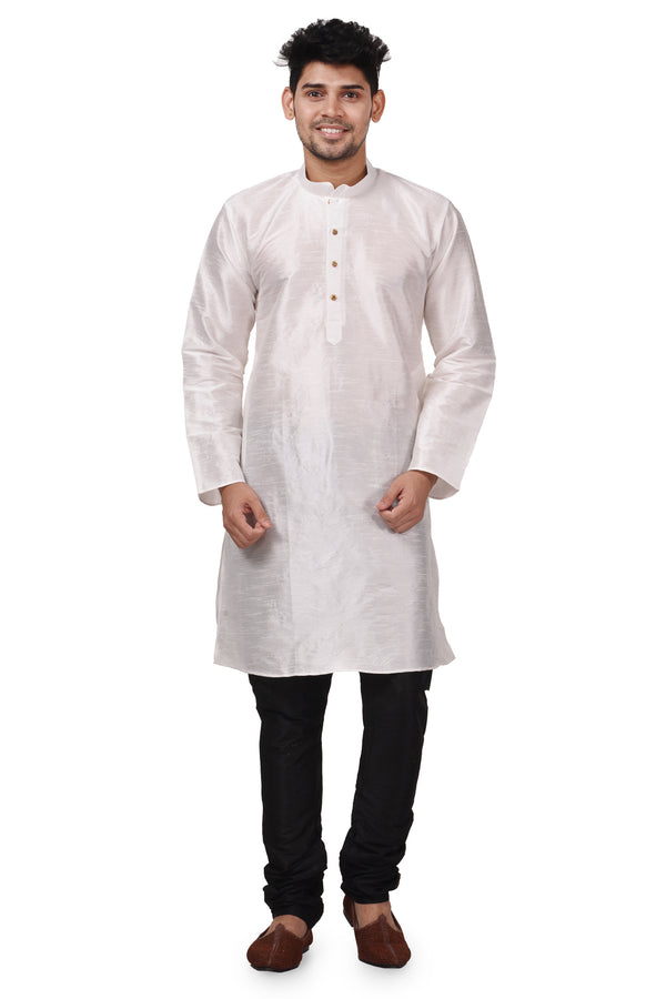 HAMSAFAR Men’s White Dupion Silk Casual Kurta