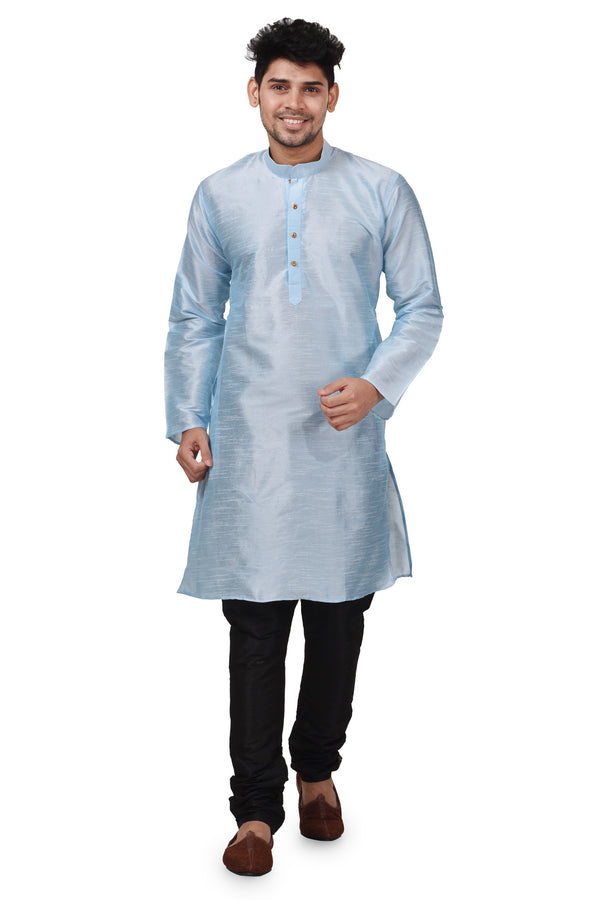 HAMSAFAR Men’s Light Blue Dupion Silk Casual Kurta