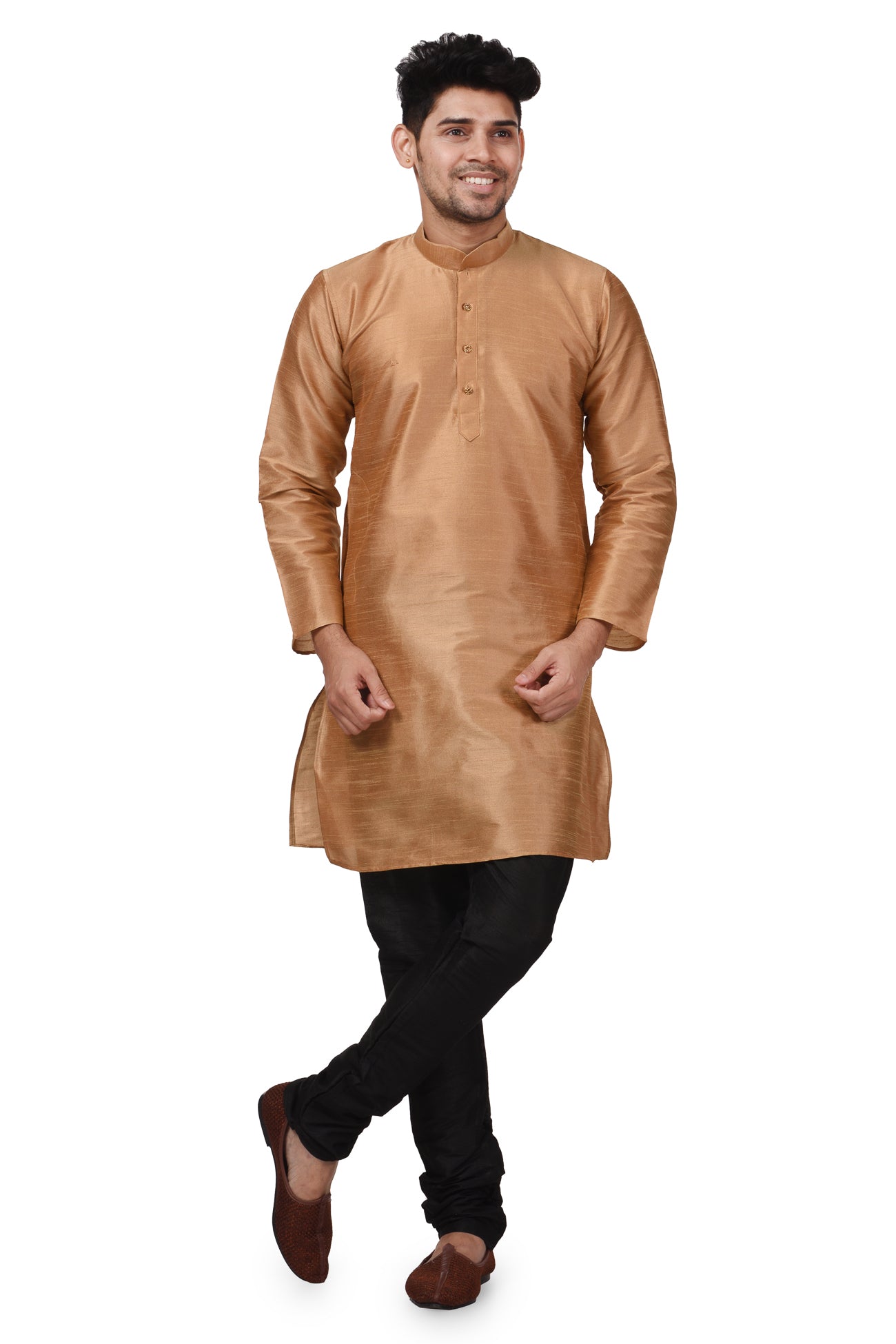 HAMSAFAR Men’s Golden Brown Dupion Silk Casual Kurta