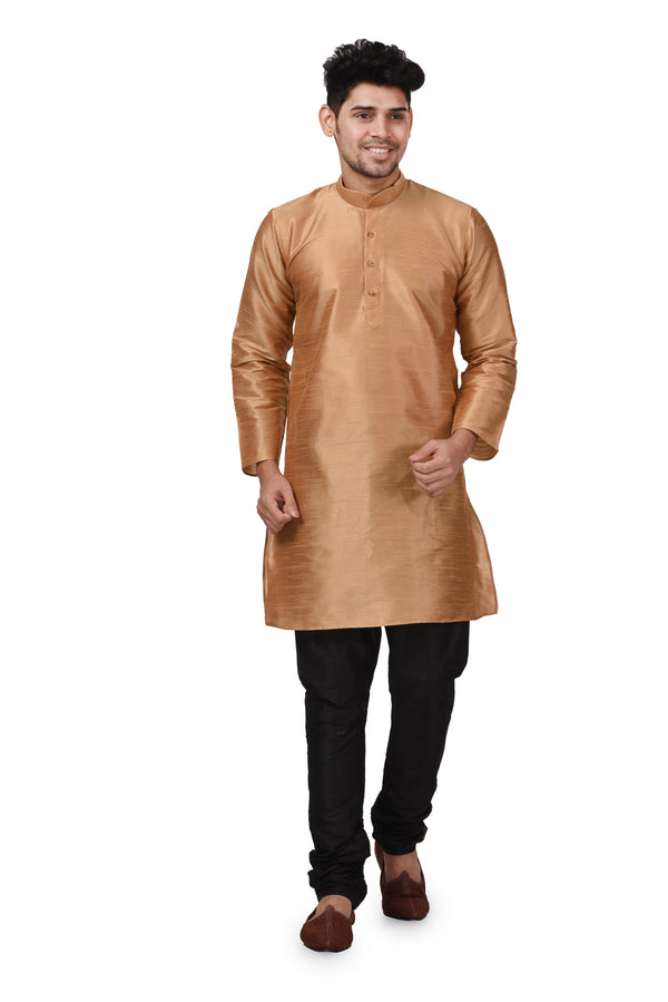 HAMSAFAR Men’s Golden Brown Dupion Silk Casual Kurta