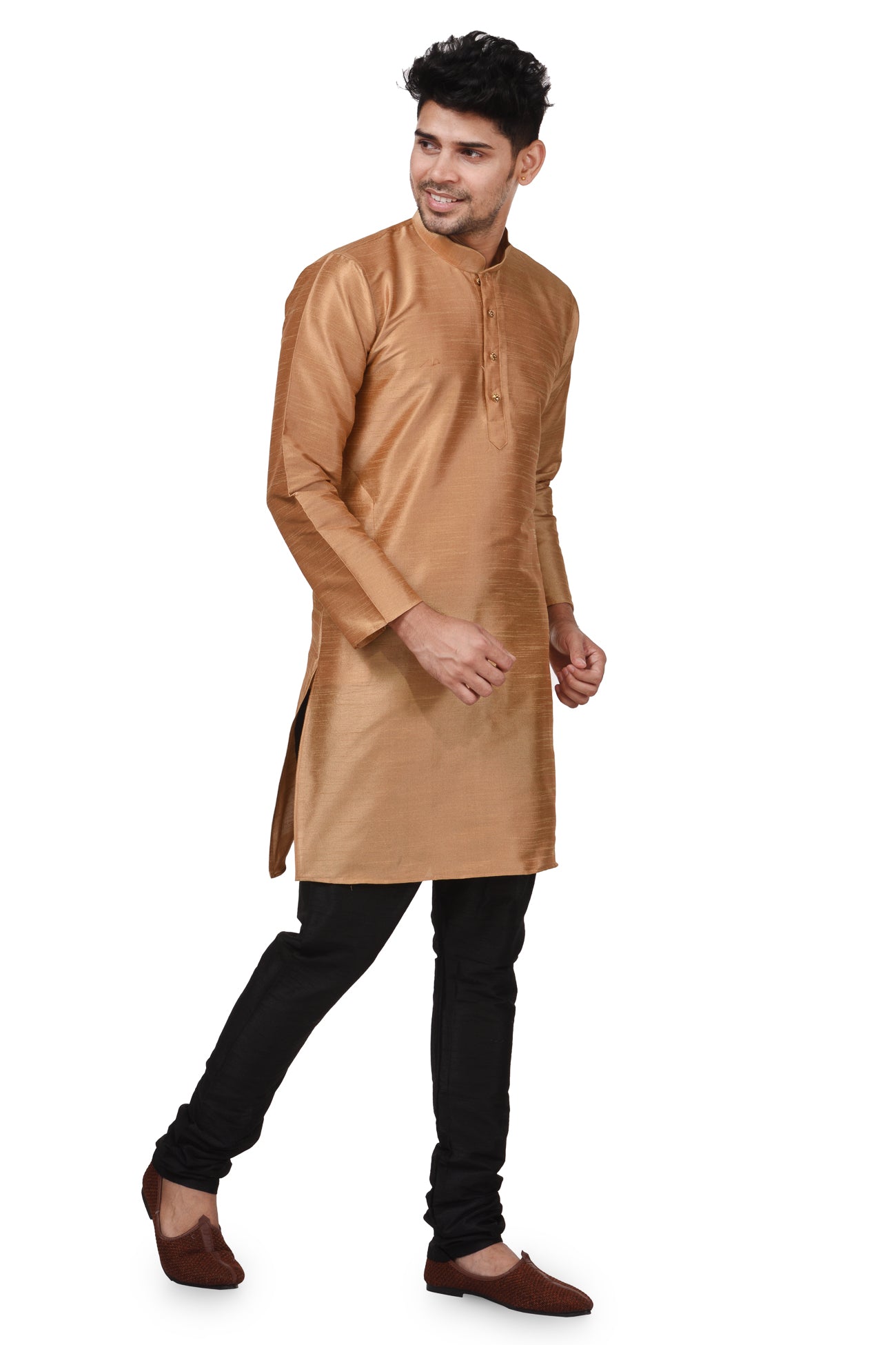 HAMSAFAR Men’s Golden Brown Dupion Silk Casual Kurta
