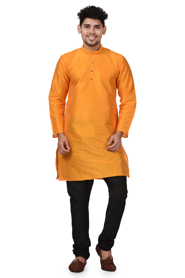 HAMSAFAR Men’s Light Orange Dupion Silk Casual Kurta