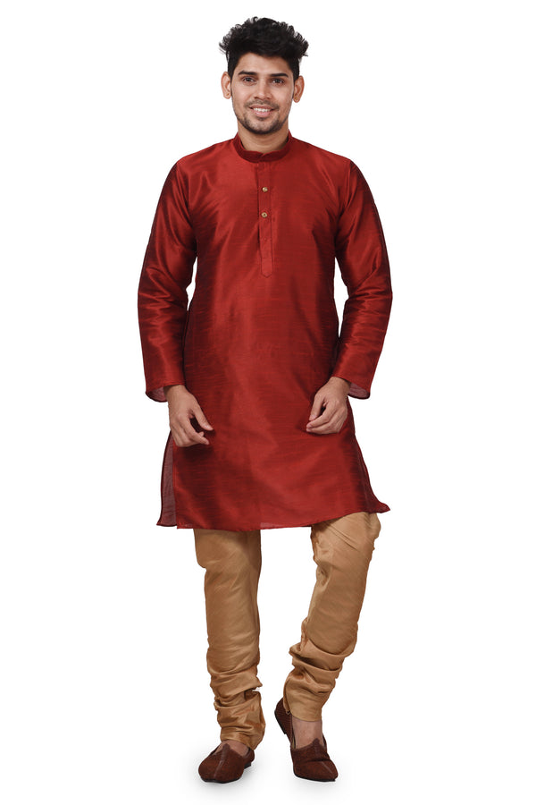 HAMSAFAR Men’s Maroon Dupion Silk Casual Kurta